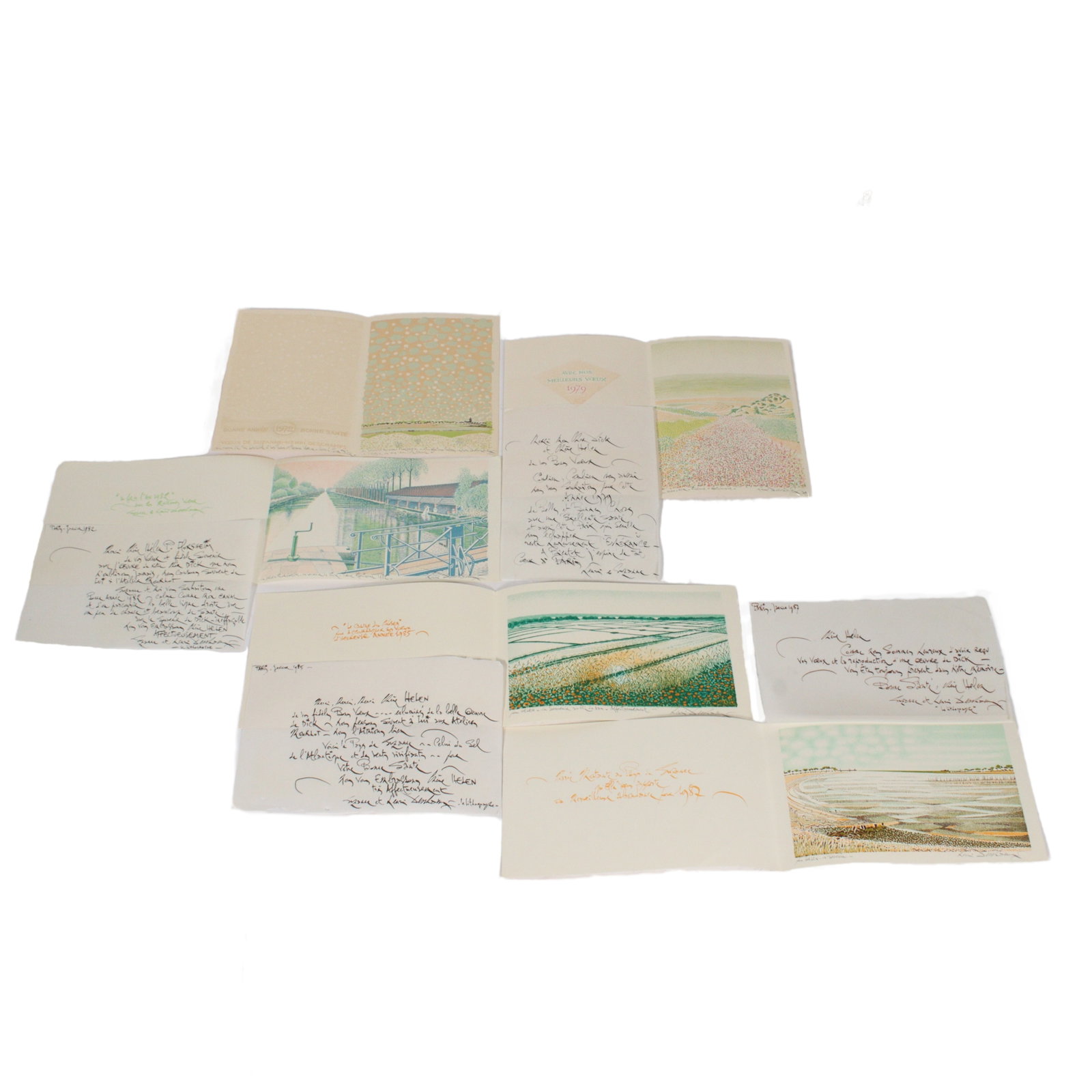 Henri Deschamps for Helen and Richard Florsheim, collection of landscape greeting cards, 1970/80s, 5: Henri Deschamps for Helen and Richard Florsheim collection of landscape greeting cards, 1970/80s 5 color lithographs All signed lower right and include inscriptions. 6"H x 8 5/8"W (largest)