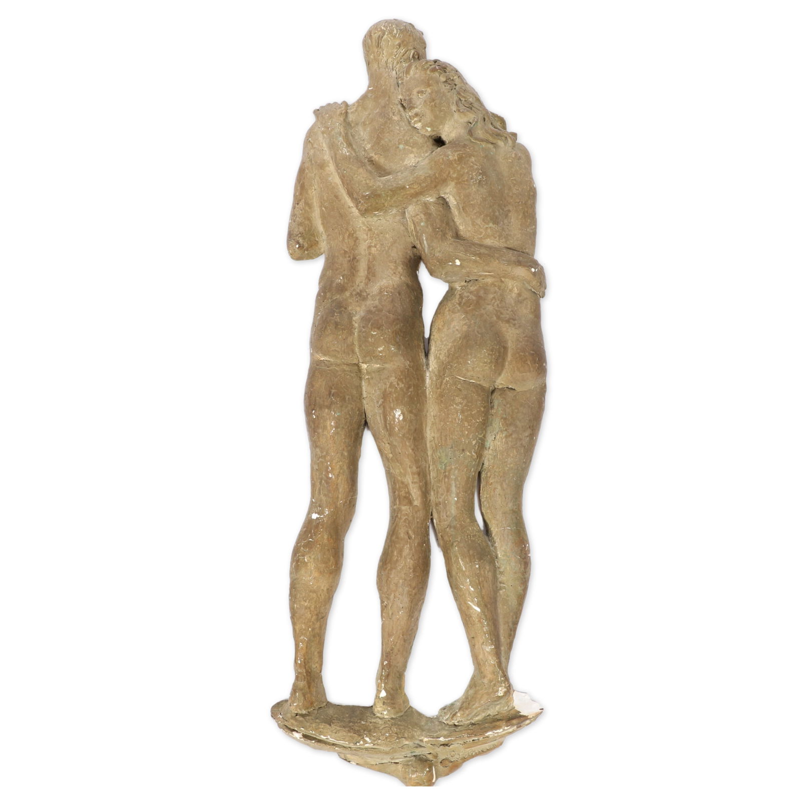 Robert Lohman, Indiana (1919 - 2001), Adam and Eve, 1958, plaster, 31" x 12" x 3 1/2": Robert Lohman Indiana (1919 - 2001) Adam and Eve, 1958 plaster Incised signature lower right. Repaired leg and chipped edges. Signed and dated verso. Lohman studied at John Herron Art Institute, and C