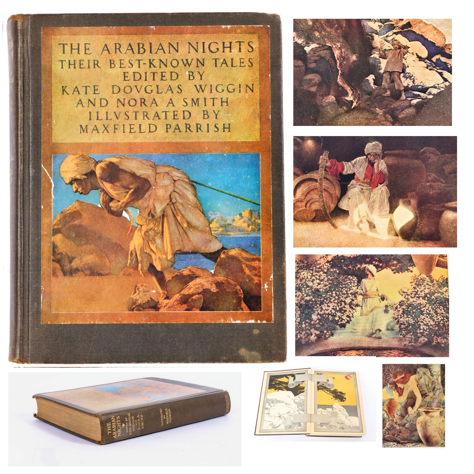 The Arabian Nights: Their Best-Known Tales with illustrations by Maxfield Parrish, 9 1/2"H x 7 1/2"W: The Arabian Nights: Their Best-Known Tales with illustrations by Maxfield Parrish, edited by Kate Douglas Wiggin and Nora A. Smith, Charles Scribner's Sons, 1909. 9 1/2"H x 7 1/2"W x 1 1/2"D
