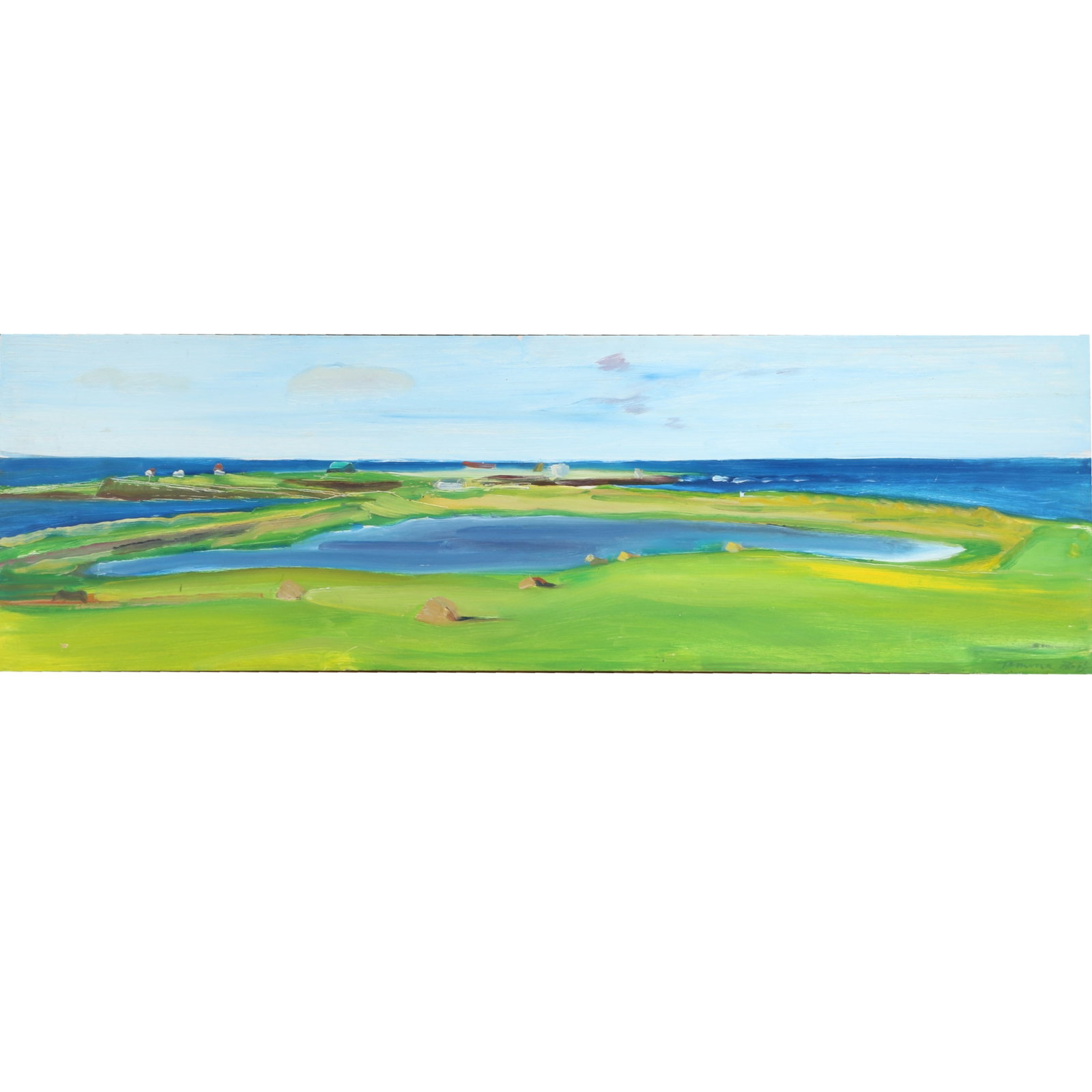 Temma Bell, American (b. 1945), Seltjornin (Seal Ponds, Iceland), 1981, oil on panel, 10 3/4"H x 32: Temma Bell American (b. 1945) Seltjornin (Seal Ponds, Iceland), 1981 oil on panel Signed lower right, signed and dated verso. Exhibited: "Art For Haiti", Lohin - Geduld Gallery, NY. Temma Bell is the 