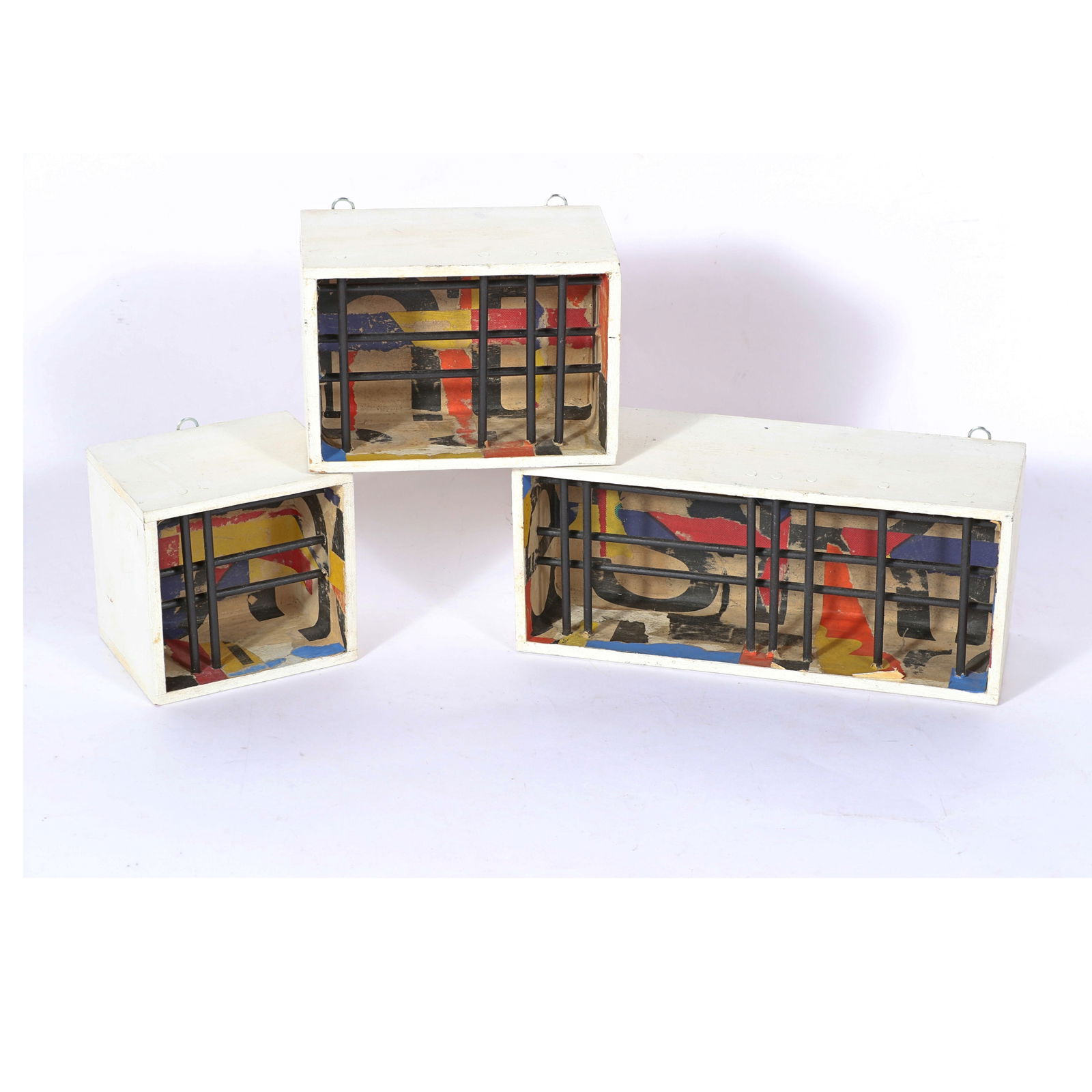 James Spencer Russell, Indiana, New York (1915-2000), trio of boxes, painted wood construction with: James Spencer Russell Indiana, New York (1915-2000) trio of boxes painted wood construction with mixed media collage and dowels All 3 boxes signed verso. Biography from Indiana State Museum: James Spe