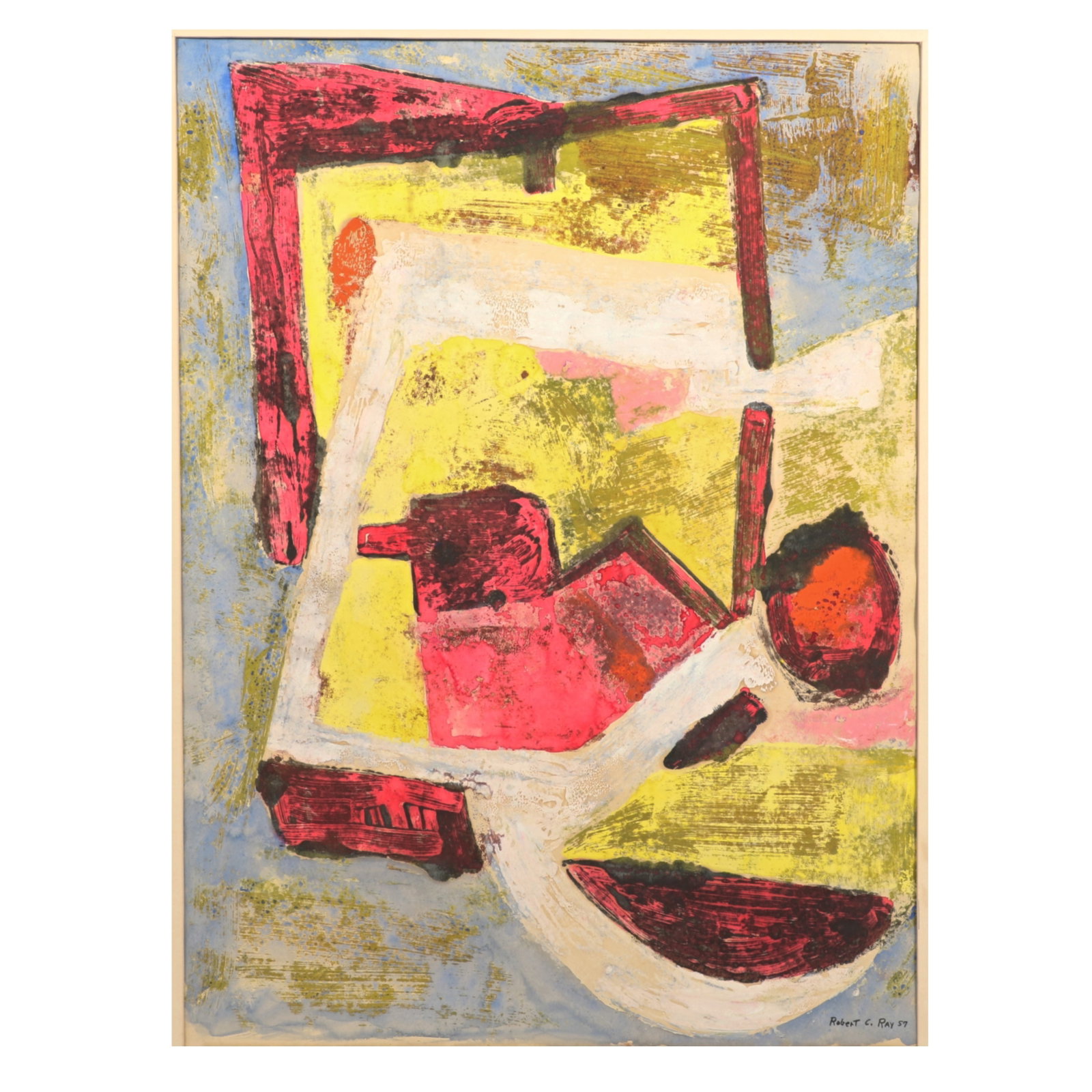 Robert C. "Bobby" Ray, Indiana (1926-2020), abstract, 1957, mixed media acrylic on paper, 22 3/4"H x: Robert C. "Bobby" Ray Indiana (1926-2020) abstract, 1957 mixed media acrylic on paper Signed and dated lower right. All of the Robert Ray paintings in the sale came from the estate of the artist. Unfo