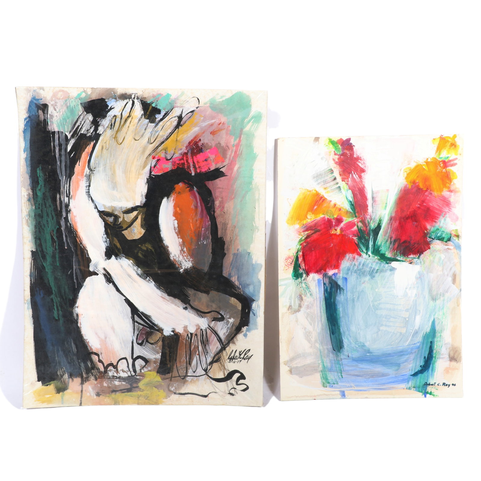 Robert C. "Bobby" Ray, Indiana (1926-2020), abstract figure, 1977 / abstract still life, 1976, mixed: Robert C. "Bobby" Ray Indiana (1926-2020) abstract figure, 1977 / abstract still life, 1976 mixed media acrylic on paper Both signed and dated lower right. All of the Robert Ray paintings in the sale 