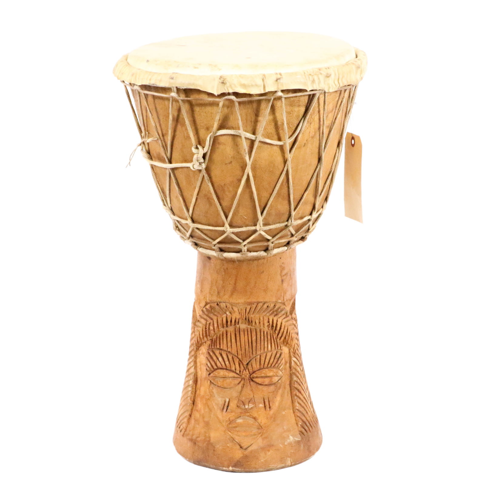 African tribal Djembe drum with hide cover, webbed cording, and carved detail, 23"H x 14"Diam.: African tribal Djembe drum with hide cover, webbed cording, and carved detail 23"H x 14"Diam.