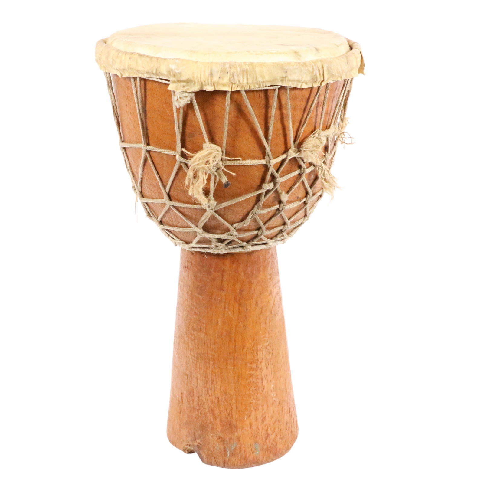 African tribal Djembe drum with hide cover, webbed cording, and carved detail, 25"H x 15"Diam.: African tribal Djembe drum with hide cover, webbed cording, and carved detail 25"H x 15"Diam.