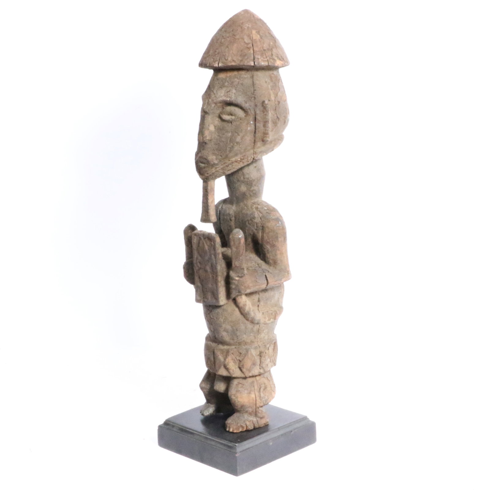 African Nigerian Oron wooden male ancestor figure mounted on stand. 28" x 7" x 7": African Nigerian Oron wooden male ancestor figure mounted on stand. 28" x 7" x 7"