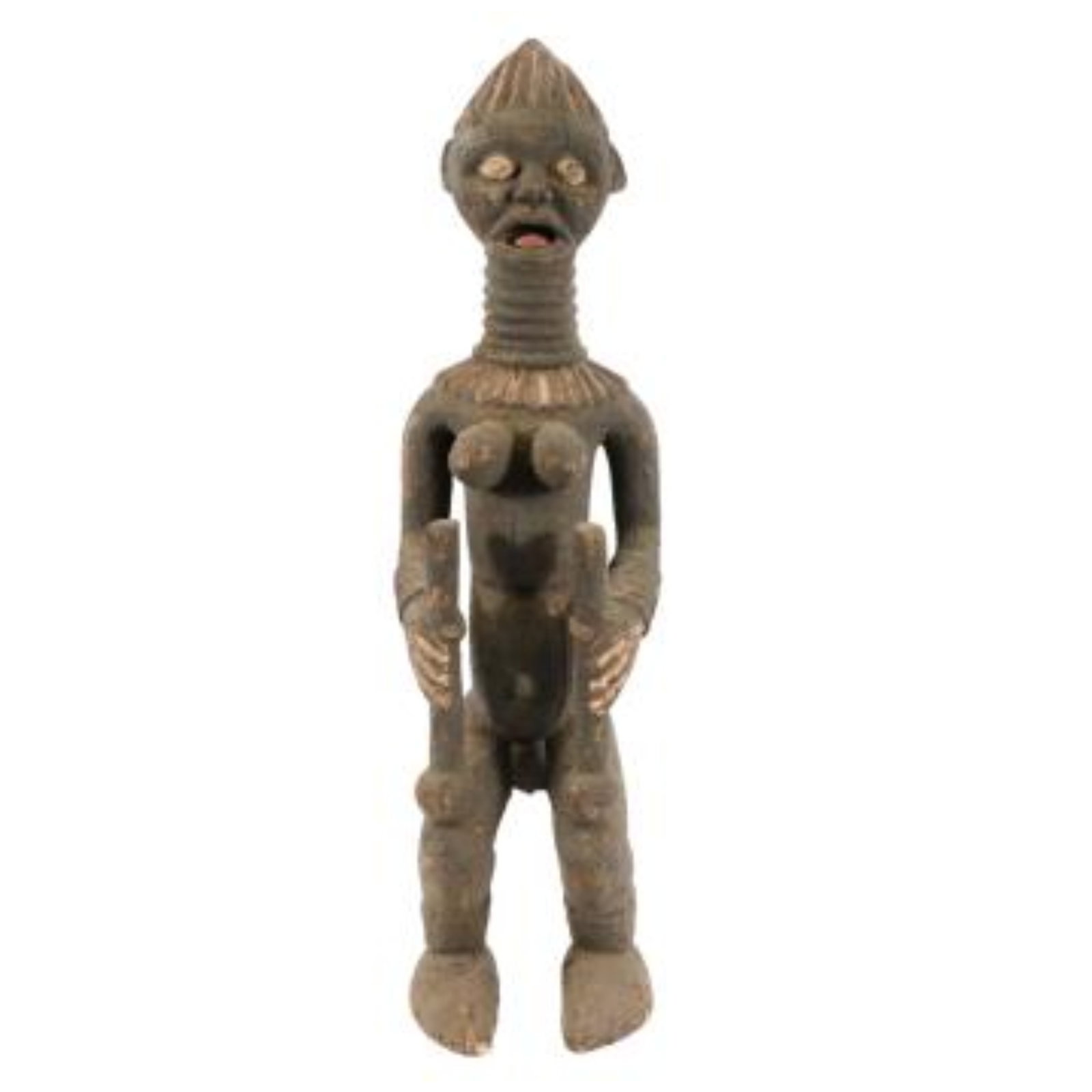 African Camaroon Bangwa tall sculpted wood, painted, female Queen / Ancestor figure, 45"H x 13"W x: African Camaroon Bangwa tall sculpted wood, painted, female Queen / Ancestor figure, 45"H x 13"W x 11"D