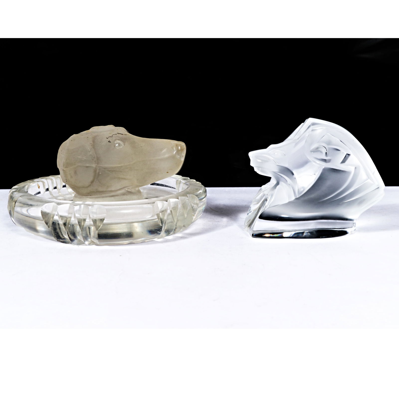 Two art glass objects: Lalique France satin-finished crystal lion's head paperweight, 1996, and Art (1 of 17)