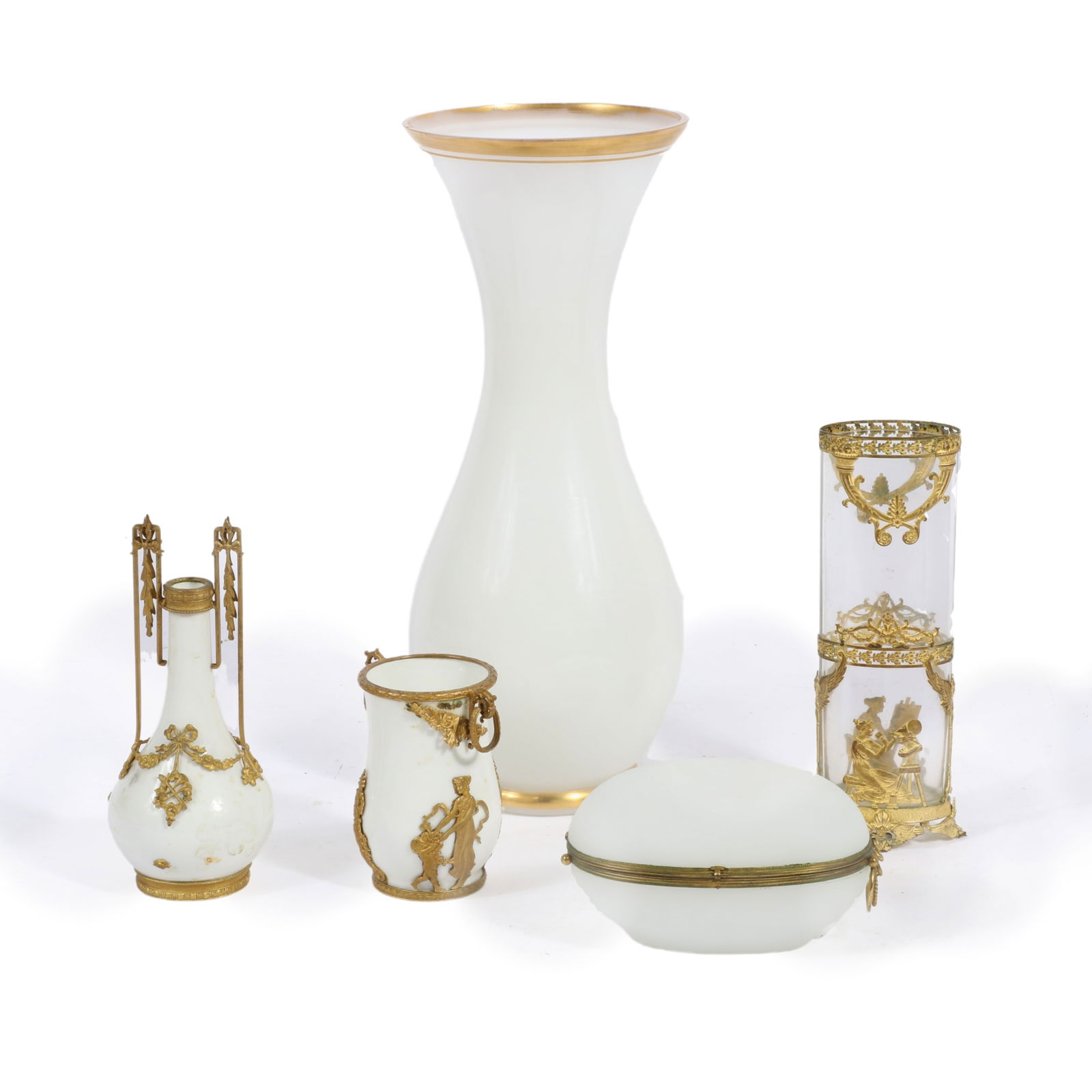 Collection of 5 decorative objects: French ormolu mounted glass cylinder vase, 15"H x 6"Diam.: Collection of 5 decorative objects: French ormolu mounted glass cylinder vase, egg shaped frosted glass trinket box with brass details, opaline vase with gilt rim, Limoges porcelain vessel with applie