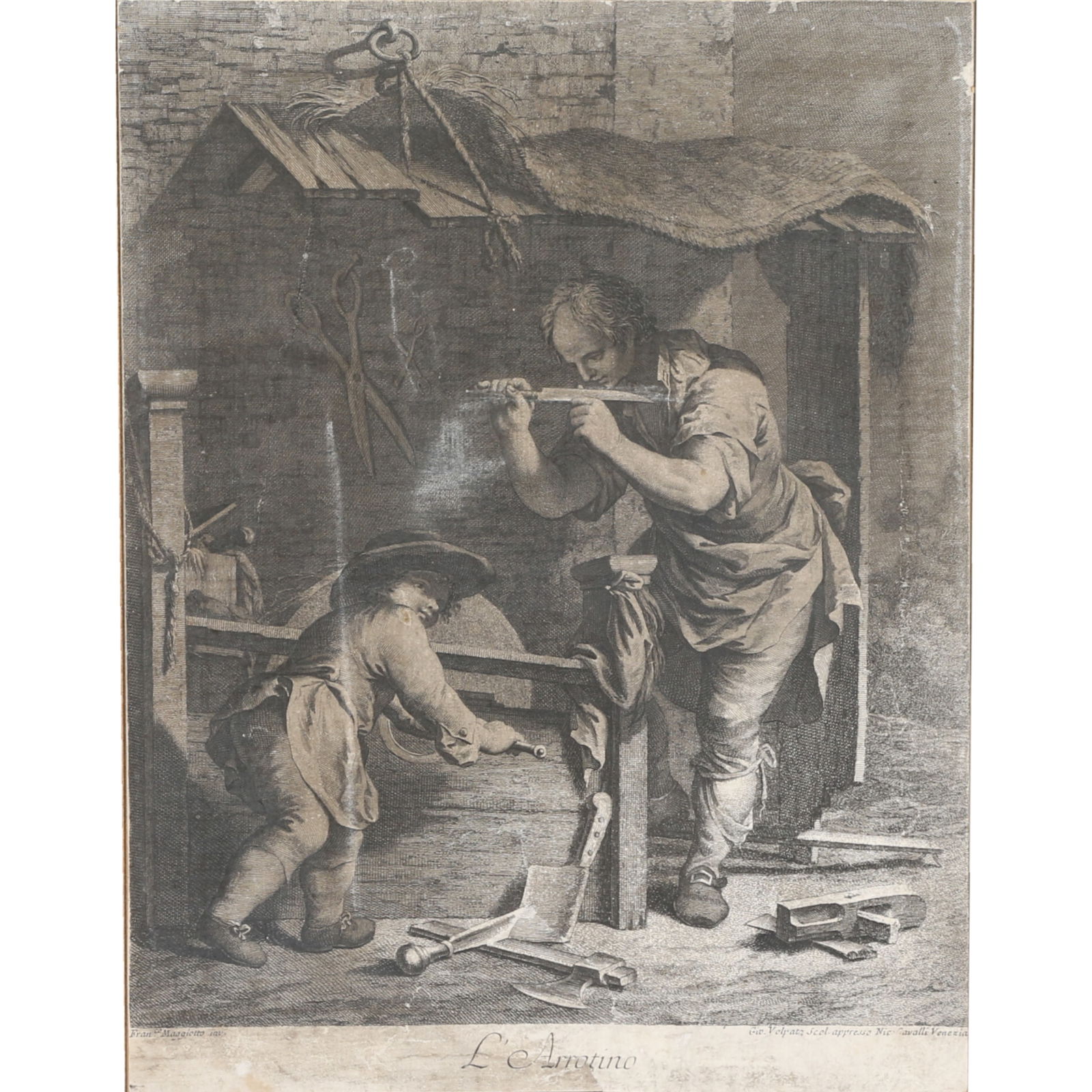 Giovanni Volpato, Italian (1733 - 1803), L ' Arrotino (The Grinder), c. 1764, etching and engraving: Giovanni Volpato Italian (1733 - 1803) L ' Arrotino (The Grinder), c. 1764 etching and engraving on laid paper After a painting by Francesco Maggiotto (Italian, 1750 - 1805). Some discolorations. 14"H
