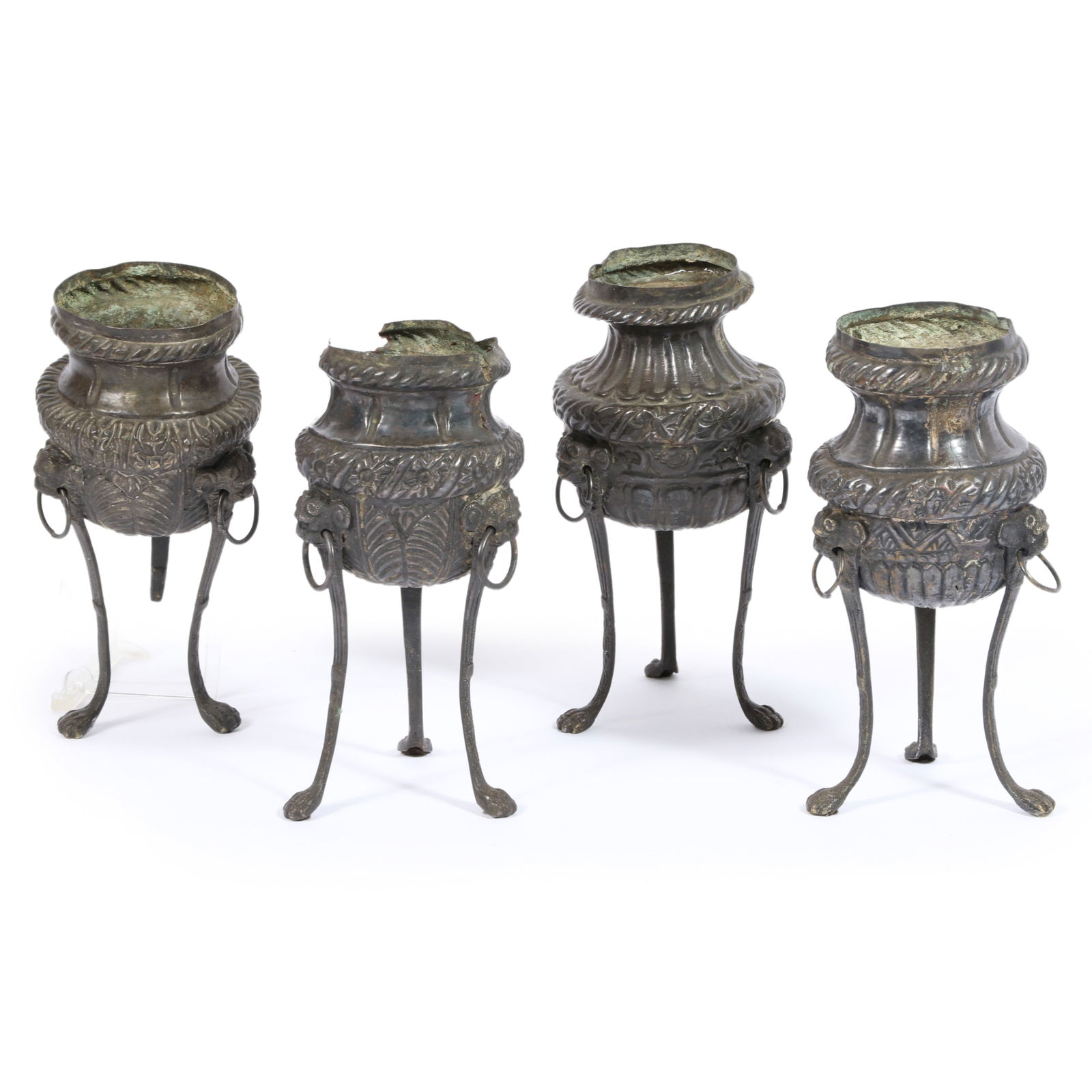 Antique continental set of 4 silver repousse urn form vessels with lion head ring handles on tripod (1 of 13)