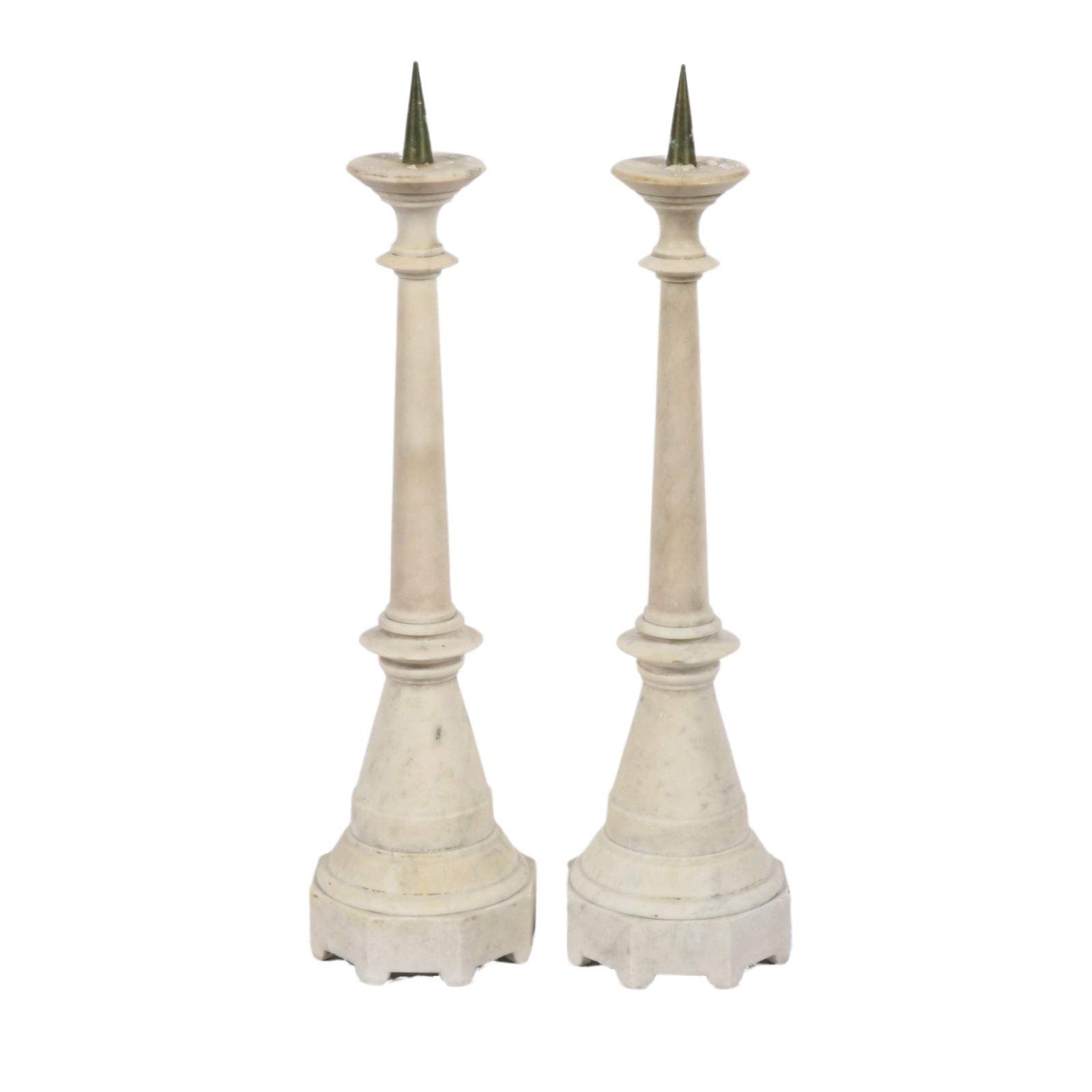 Pair of Classical carved marble columnar pricket candlesticks. 20??H x 5??W (1 of 10)