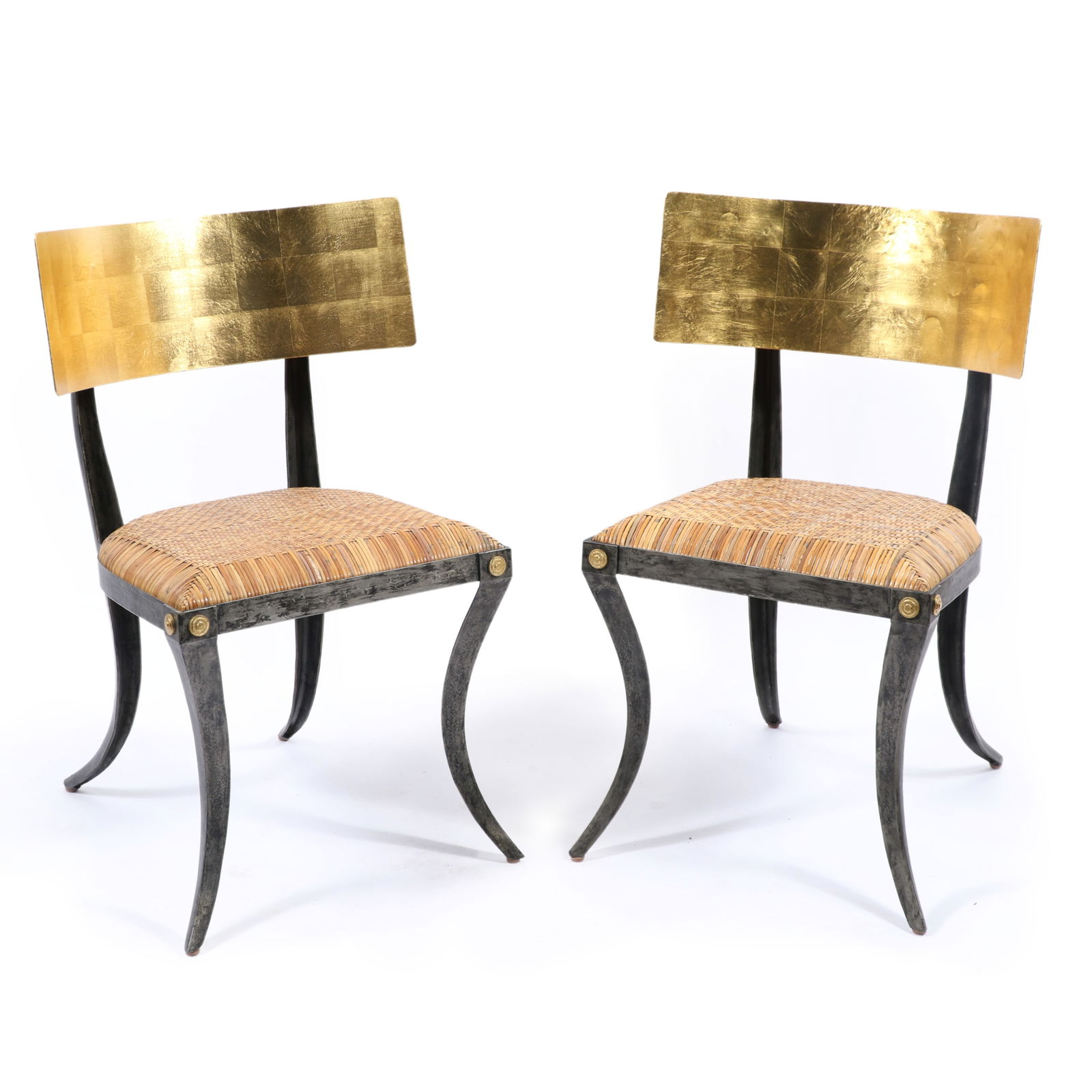 Pair of Ched Berenguer-Topacio gilt wrought iron Klismos chairs with woven cane seats. 33"H x 20"W x: Pair of Ched Berenguer-Topacio gilt wrought iron Klismos chairs with woven cane seats. Provenance: from the estate of Evelyn Farber This item requires local pickup or third party shipping. Please cont
