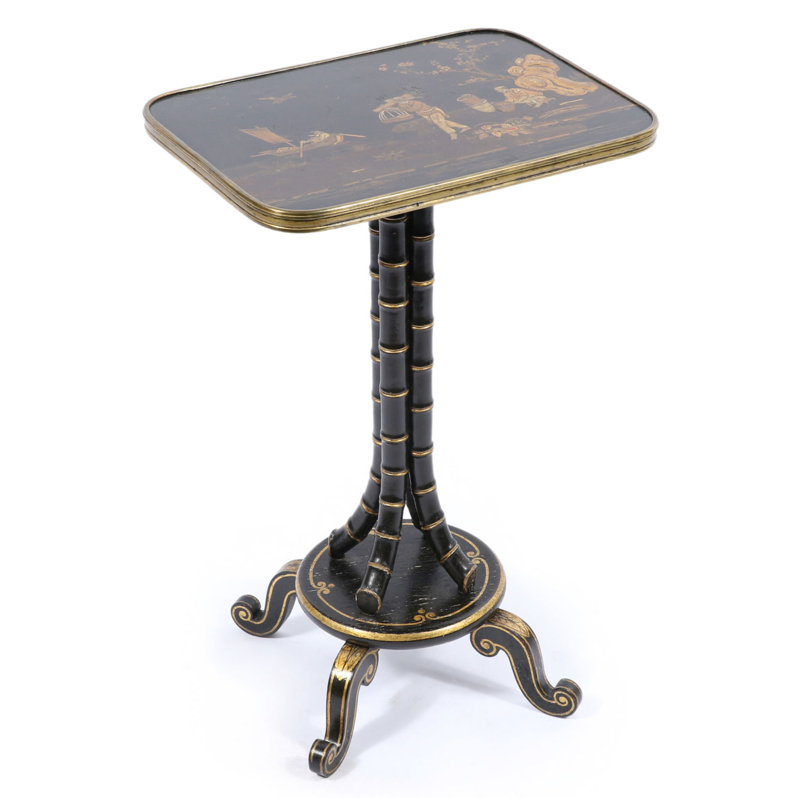 Black lacquer Chinoiserie tea table / stand with scenic figural fisherman scene and painted gilt (1 of 8)