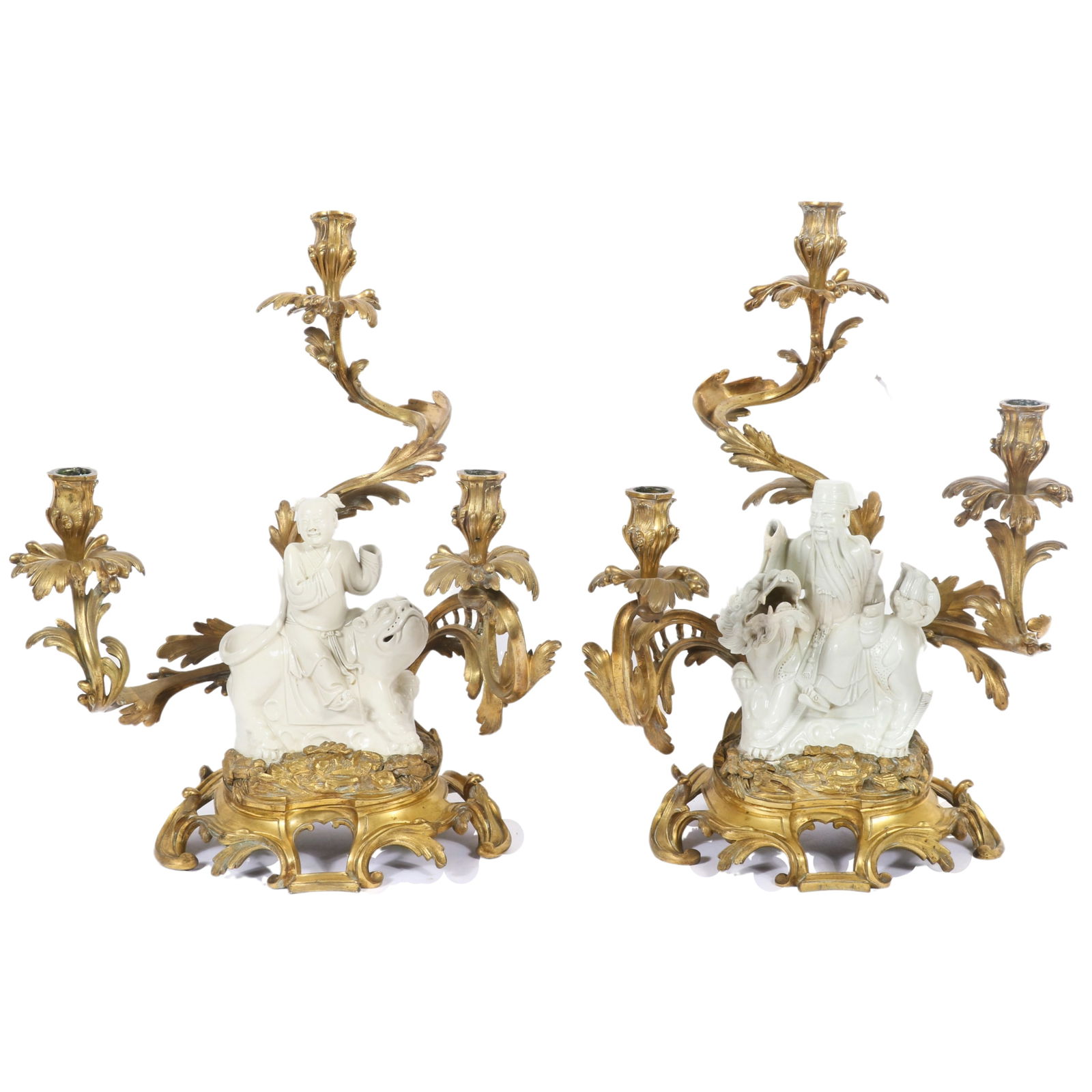 Pair of three-light French gilt bronze and porcelain Blanc-de-Chine mounted branch candelabra with (1 of 20)