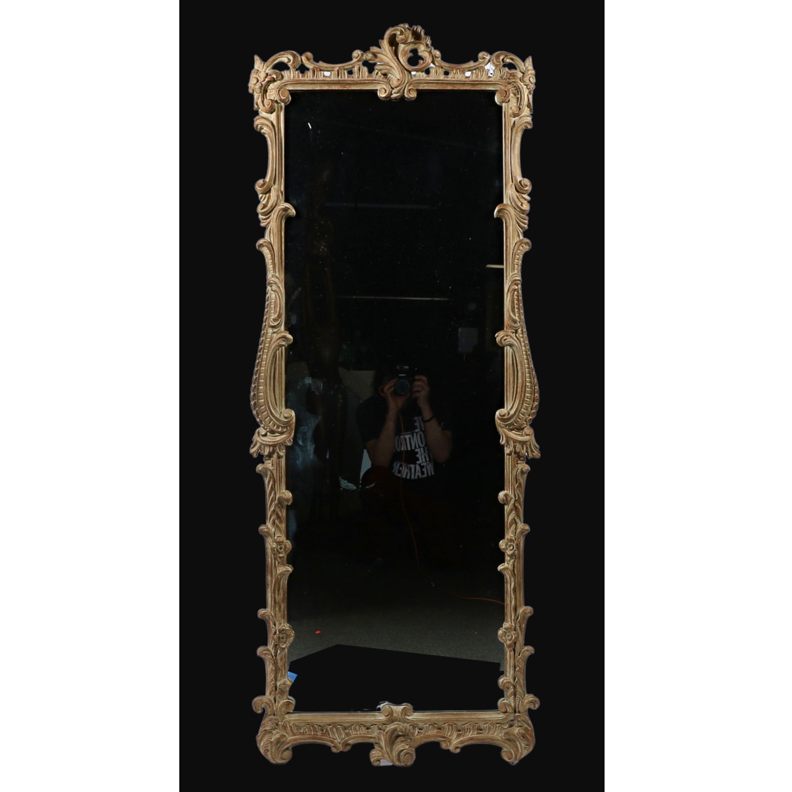 Ornate Rococo Revival carved wood full length pier mirror with rustic finish. 69 1/4"H x 27"W (1 of 14)