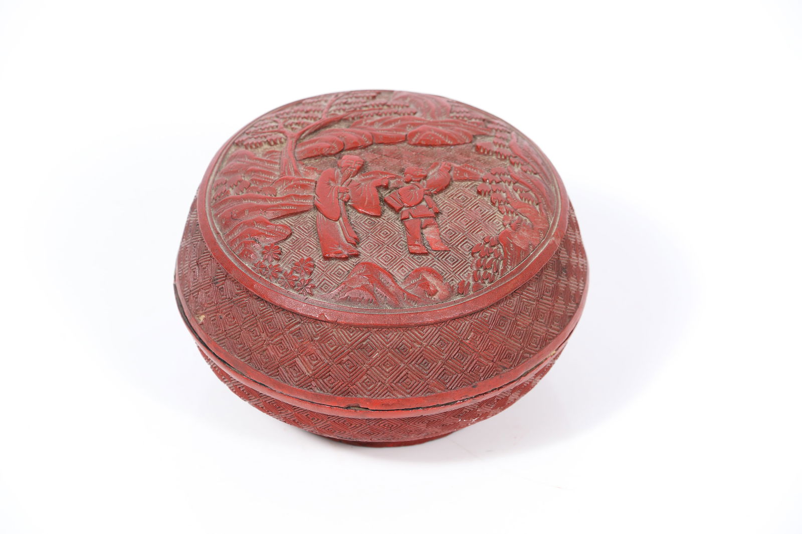 Chinese cinnabar round lacquer box with carved scene of figures in a landscape. 3"H x 5"Diam. (1 of 8)