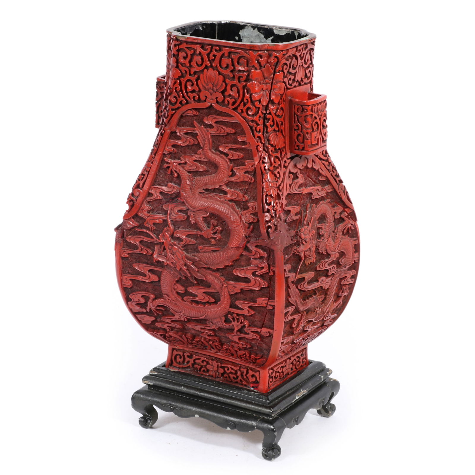 Chinese cinnabar Hu vase with dragon motif 14 1/4"H x 6 3/4"W x 5 1/2"D (1 of 12)