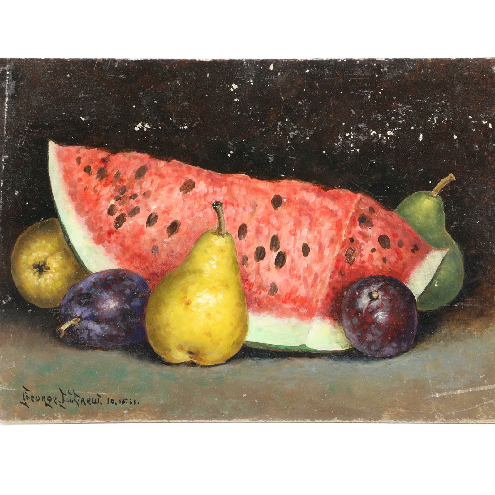 George W. Drew, New York (1875-1968), fruit still life, 1961, oil on board, 10"H x 14"W (1 of 11)