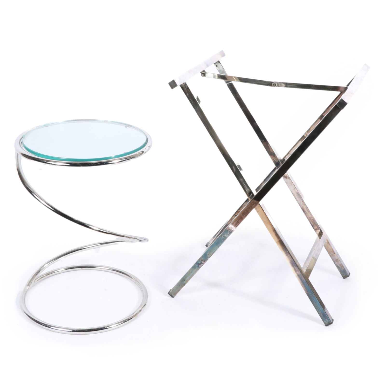 Chrome luggage rack and round accent table with spiraling base and glass top 18 1/4"H x 13 1/2"Diam. (1 of 8)