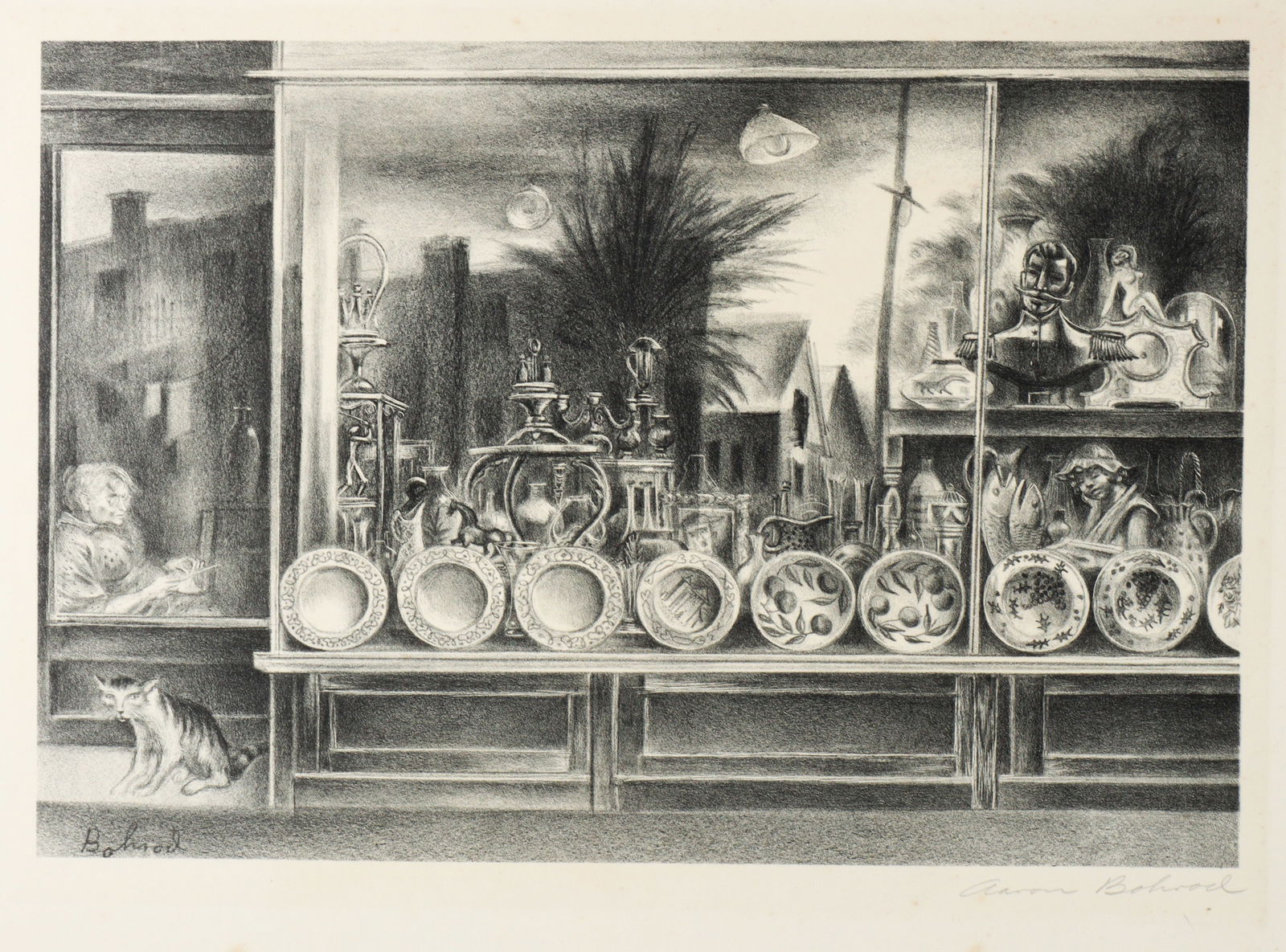 Aaron Bohrod, Wisconsin, Illinois (1907-1992), Reflections in a Shop Window, lithograph, 10 1/8"H x: Aaron Bohrod Wisconsin, Illinois (1907-1992) Reflections in a Shop Window lithograph Pencil signed lower right and in the print. Biography from the Archives of askART: Known for a range of work in wat