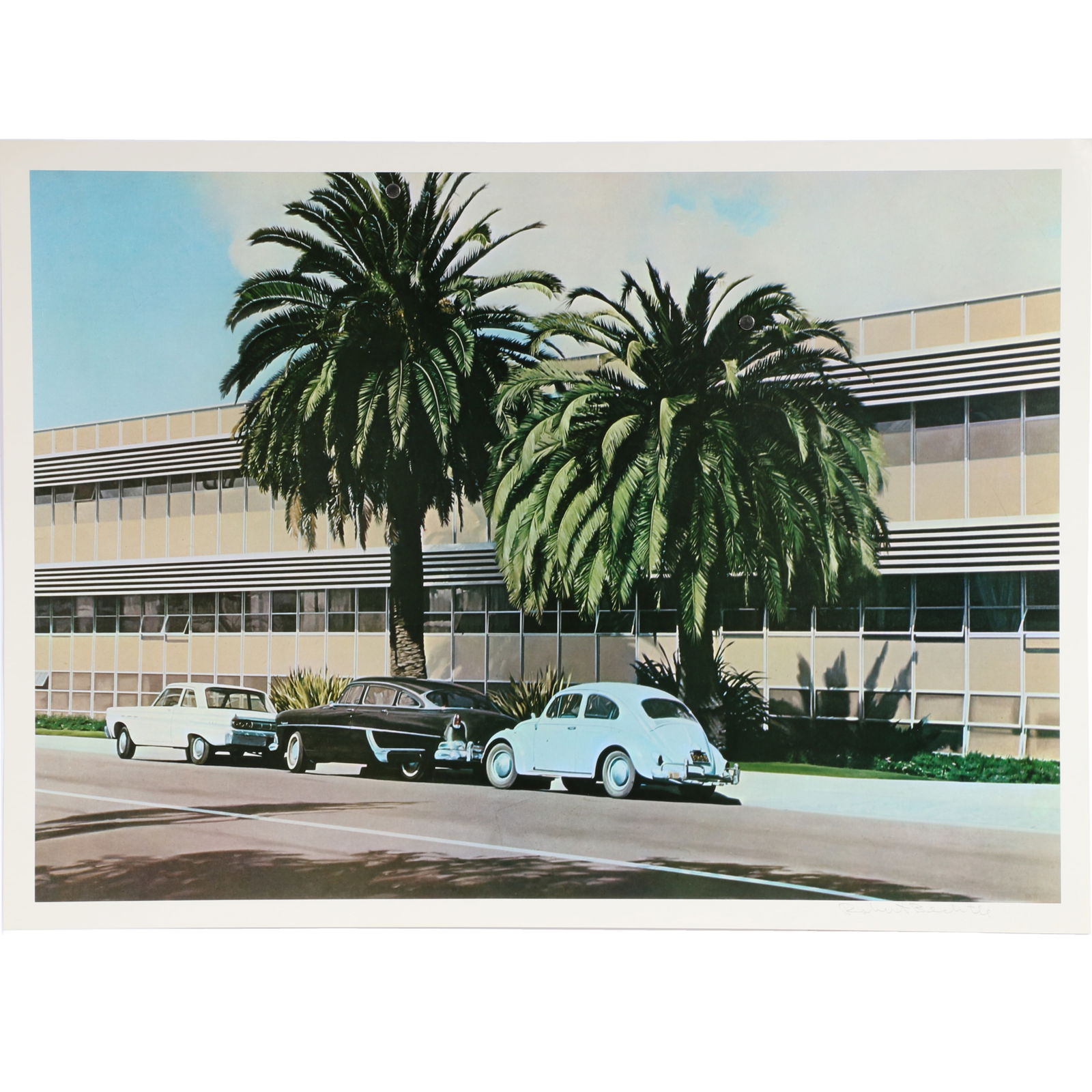 Robert Alan Bechtle, California (1932-2020), Parked Cars With Palm Trees, vintage photographic: Robert Alan Bechtle California (1932-2020) Parked Cars With Palm Trees vintage photographic offset print Pencil signed lower right. Biography from the Archives of askART: Robert Bechtle, who lives and