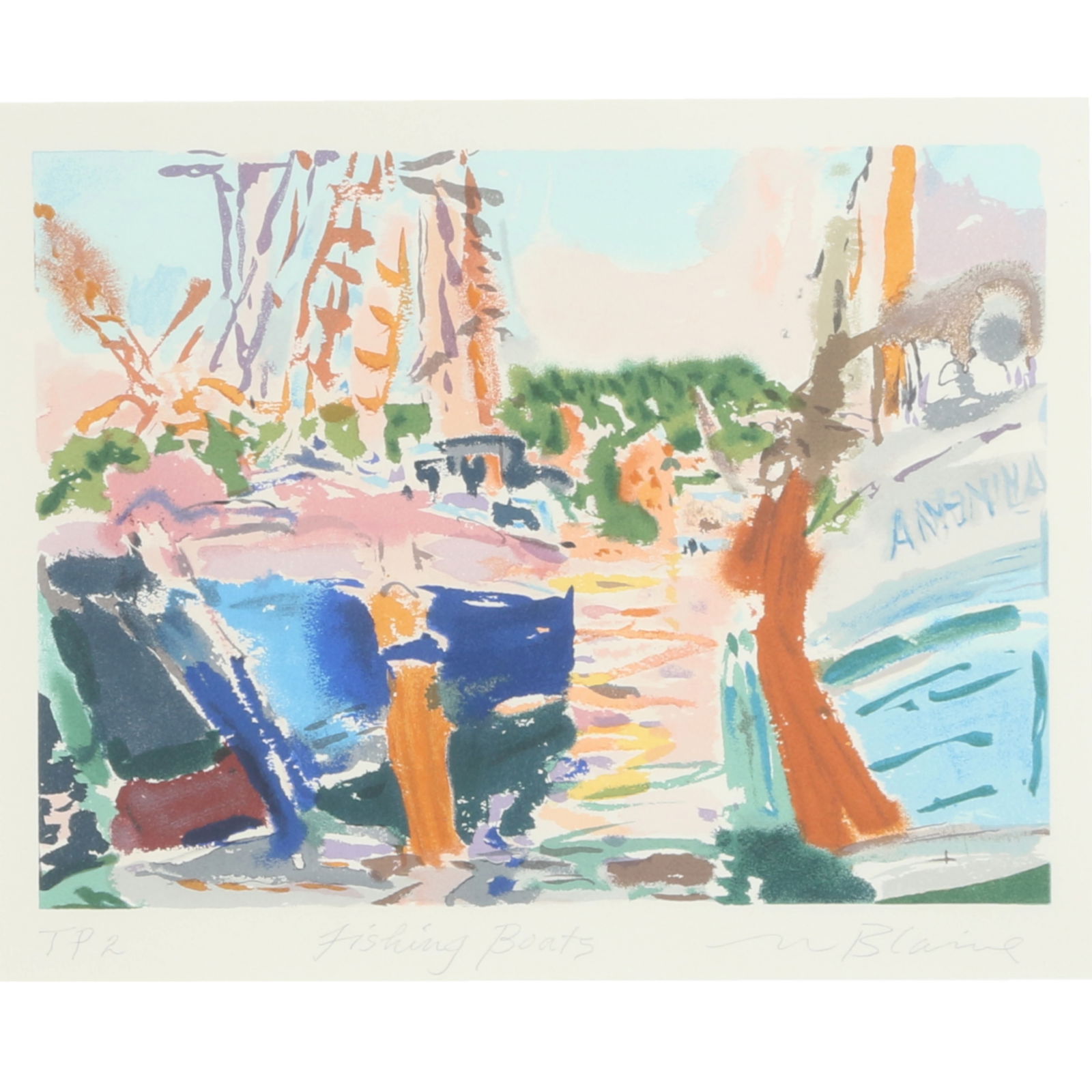 Nell Blair Walden Blaine, New York, Massachusetts (1922-1996), Fishing Boats, Lithograph Trial Print (1 of 9)