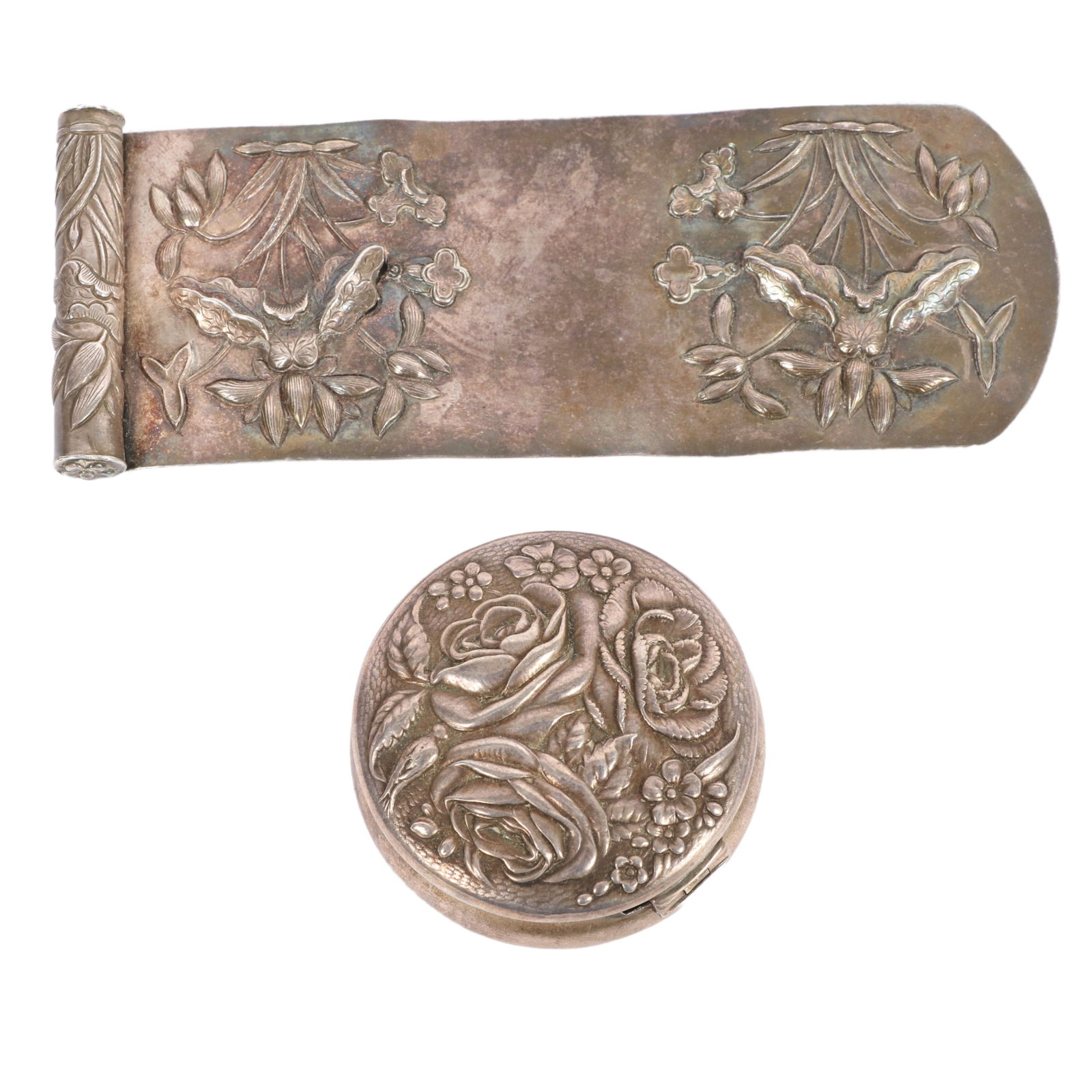 Two sterling silver floral repousse objects: roses snuff / pill box and Chinese export silver scroll (1 of 14)