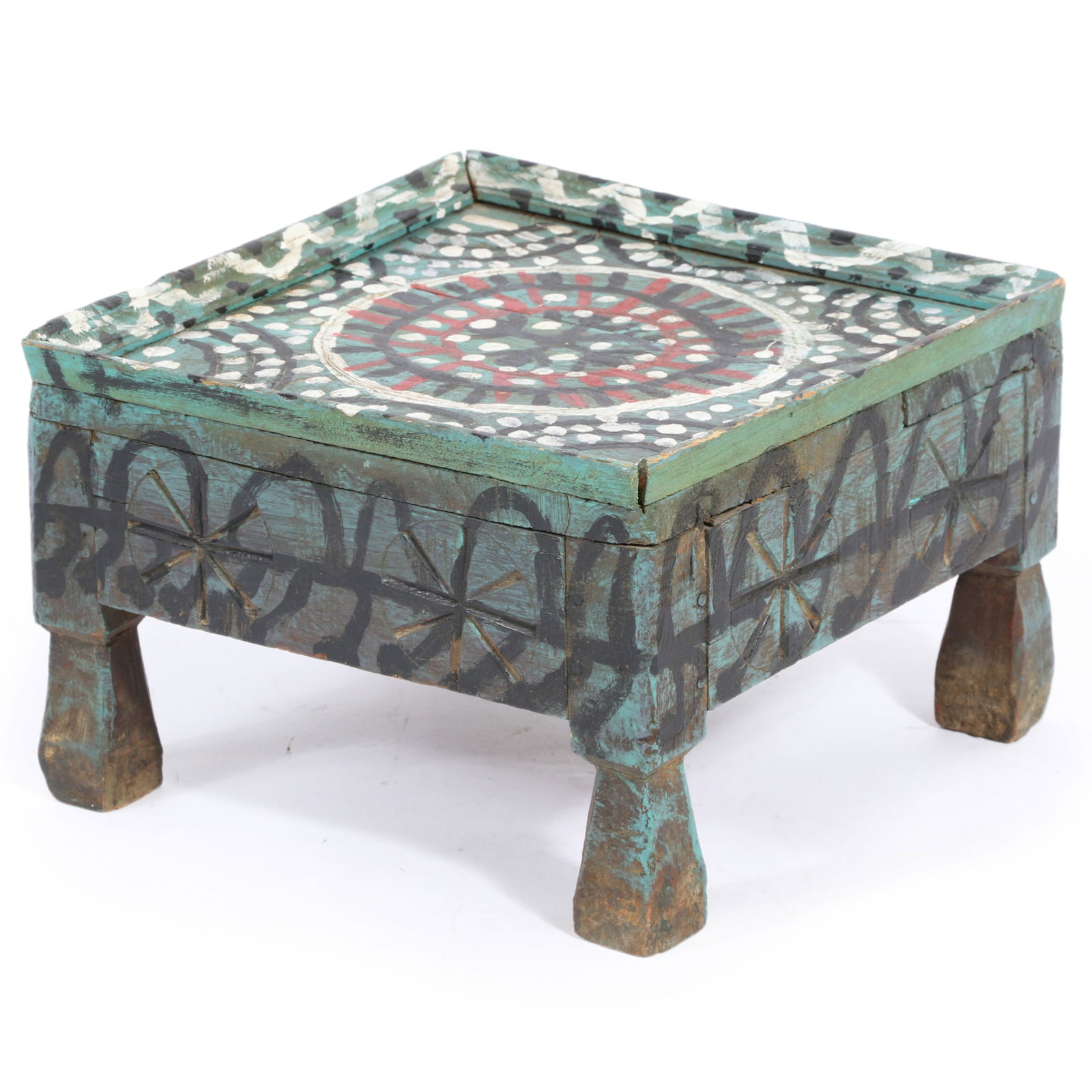 Hand painted primitive wooden folk art pedestal / stool / stand, Indian culture ritual chowki. 6 (1 of 7)