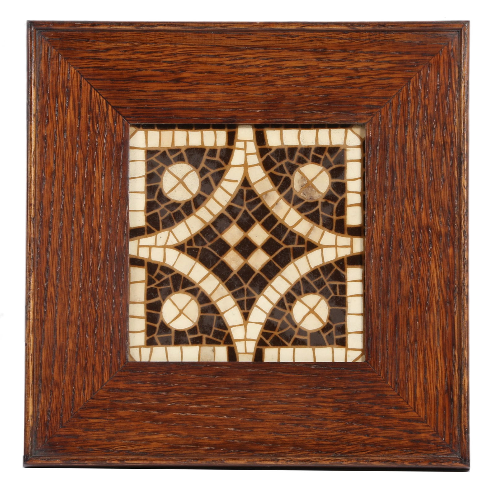 United States Encaustic Tile Company, Indianapolis, IN mosaic pottery tile in mission oak frame. 6"H (1 of 7)