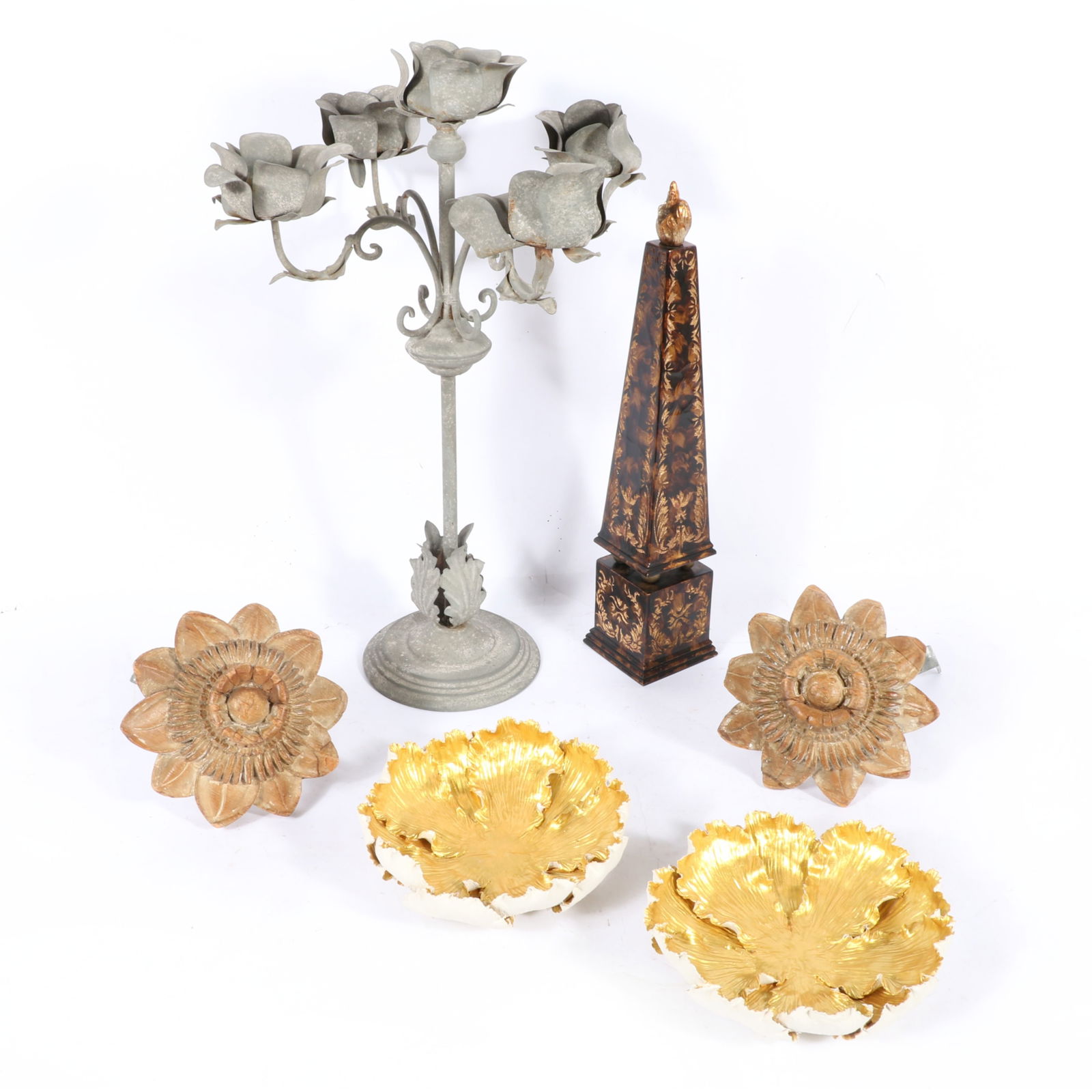 Collection of 6 decorative objects: carved and painted obelisk with flame finial, 24"H x 12 1/2"W: Collection of 6 decorative objects: carved and painted obelisk with flame finial, pair of Palecek gilt ceramic floral form dishes, patinated metal 5-arm floral candelabra, carved wood flower form drap