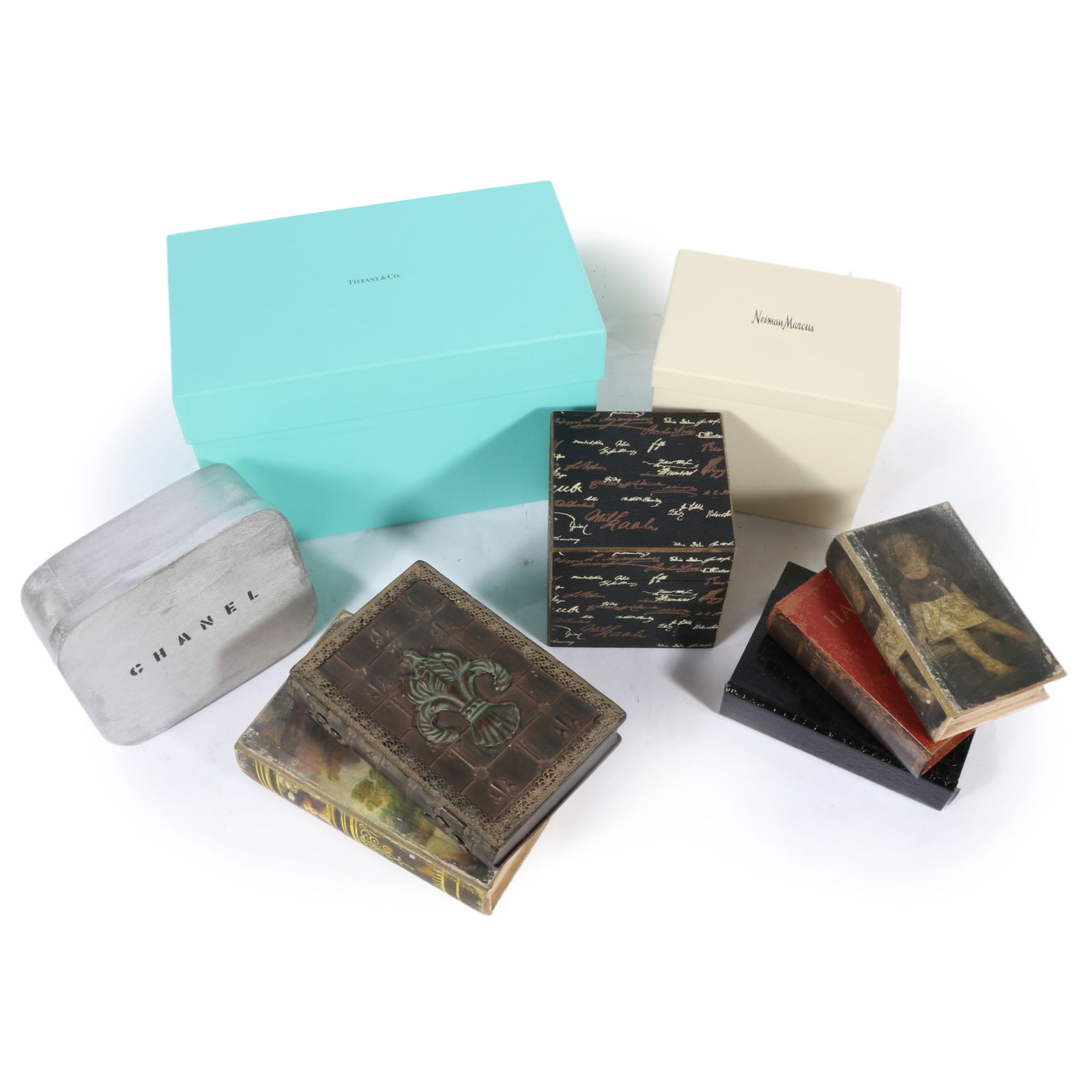 Collection of 9 decorative boxes: Tiffany & Co. gift box, Neiman Marcus gift box, Chanel metallic: Collection of 9 decorative boxes: Tiffany & Co. gift box, Neiman Marcus gift box, Chanel metallic painted wooden box, black box with script, book-shaped metal box with fleur de lis, book-shaped wooden