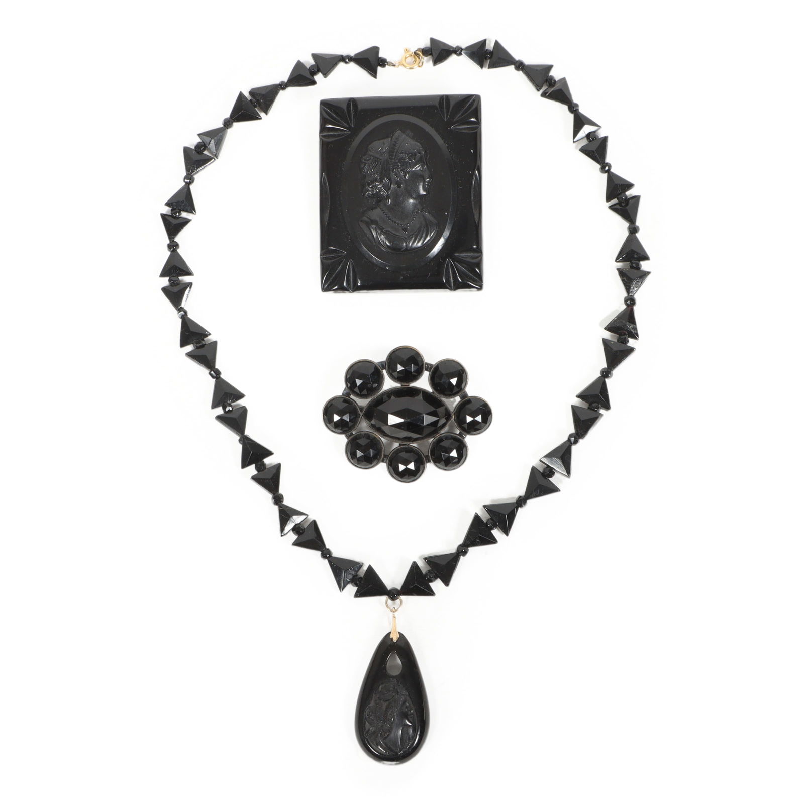 Vintage / Antique Mourning Jewelry 3pc: Art Deco Czech glass beaded necklace wit carved cameo (1 of 9)