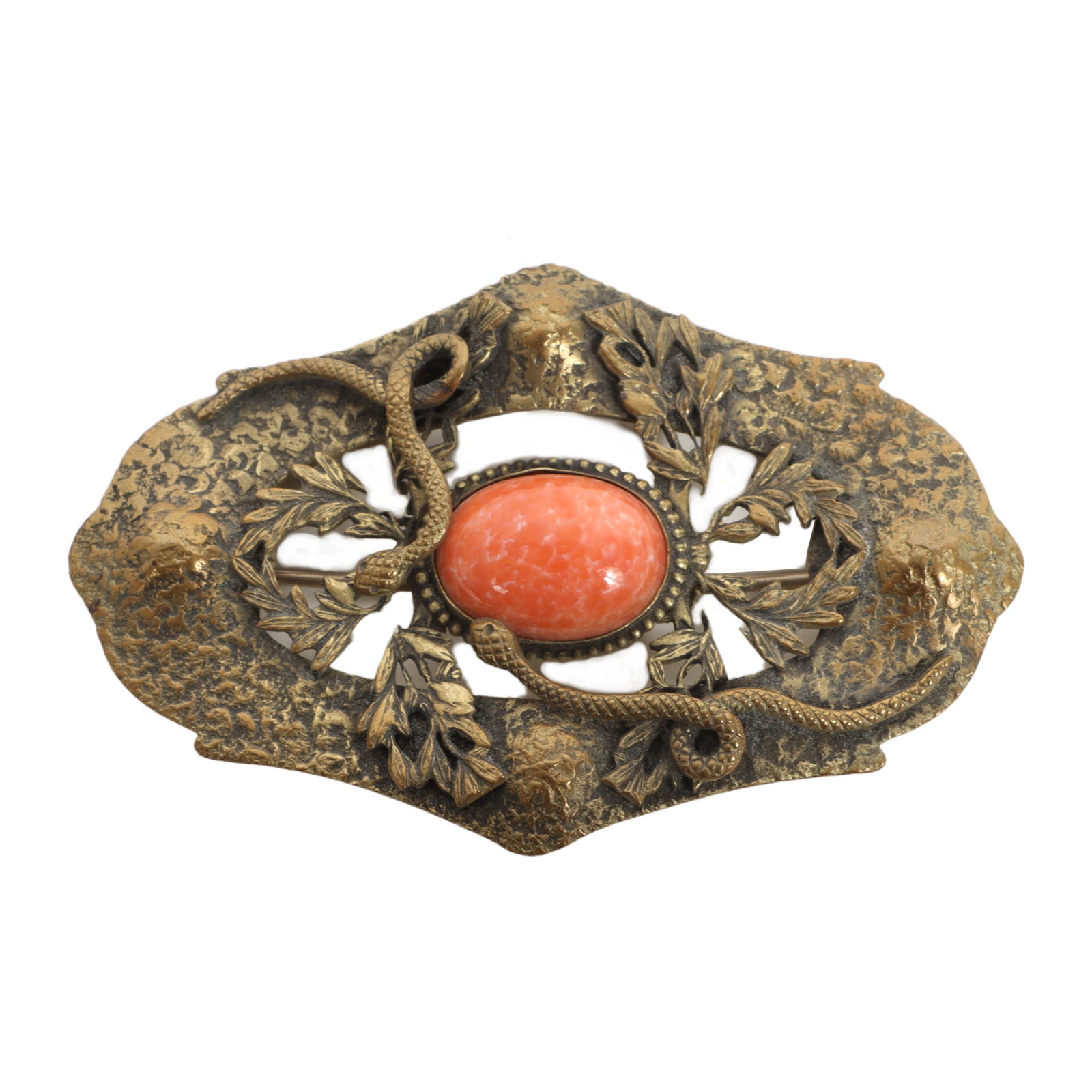 Antique large Czech Art Deco textured brass openwork brooch with figural snakes and coral Peking (1 of 3)
