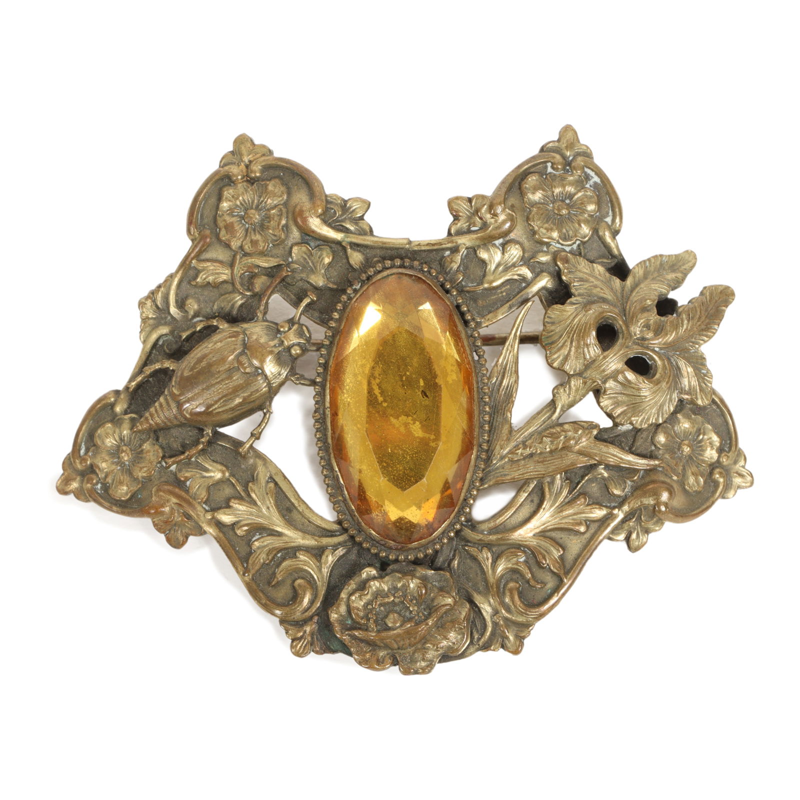 LARGE Antique Victorian Aesthetic large layered brass brooch with foiled citrine glass jewel with (1 of 4)