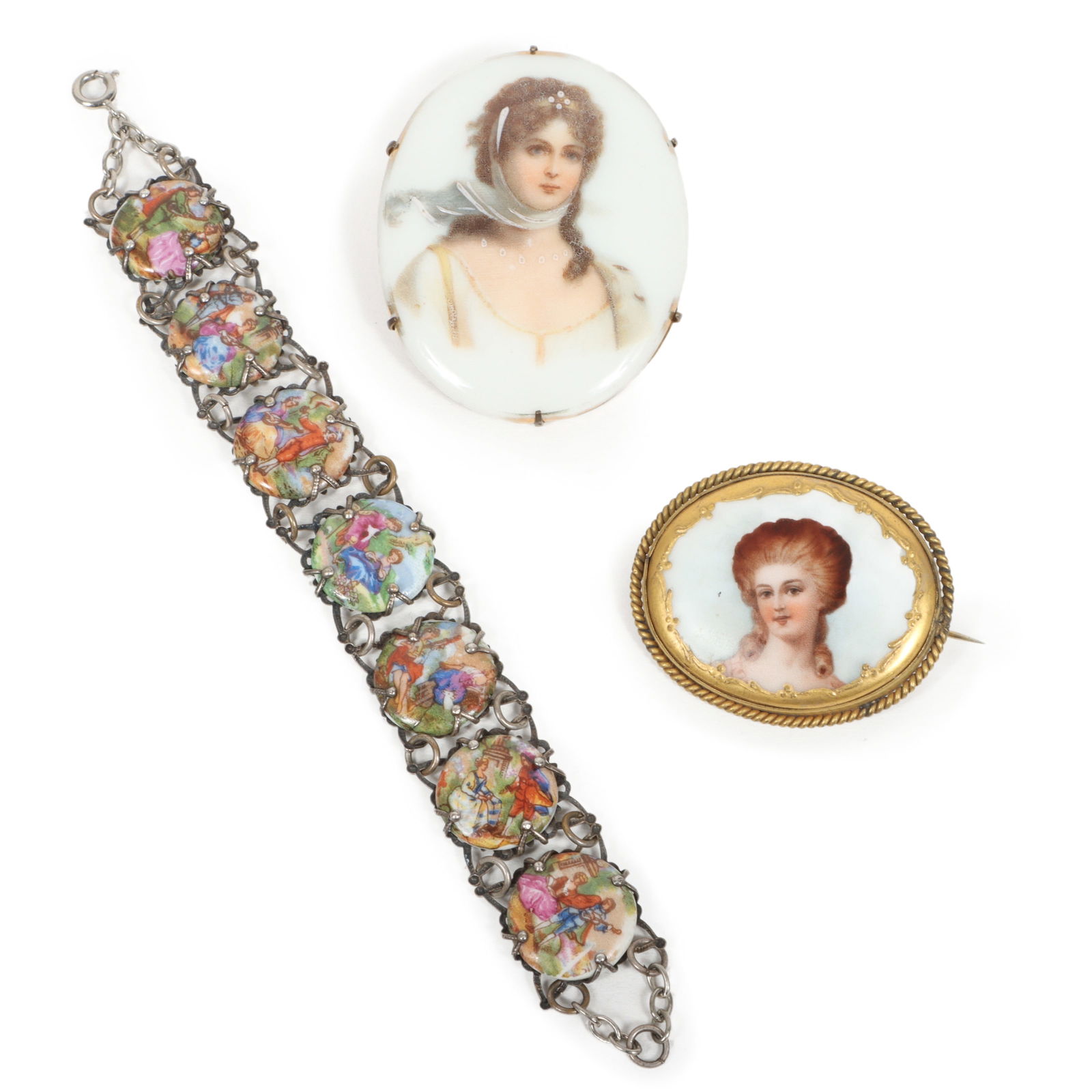 Antique Victorian 3pc. group; hand painted porcelain miniature portrait brooches, gold gilt woman (1 of 5)