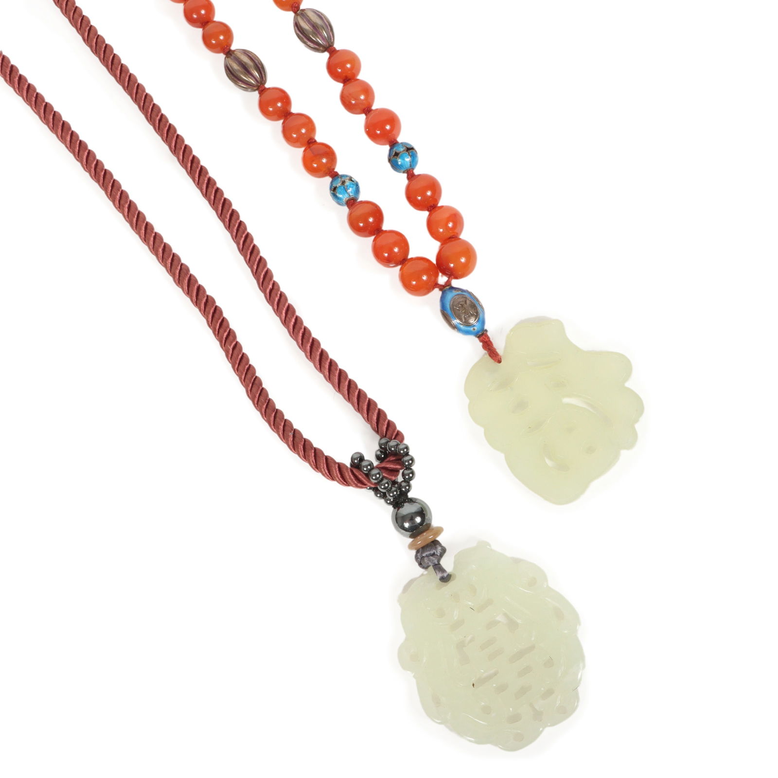 Carved Chinese celadon jade auspicious symbol pierce carved pendants with carnelian and blue (1 of 9)