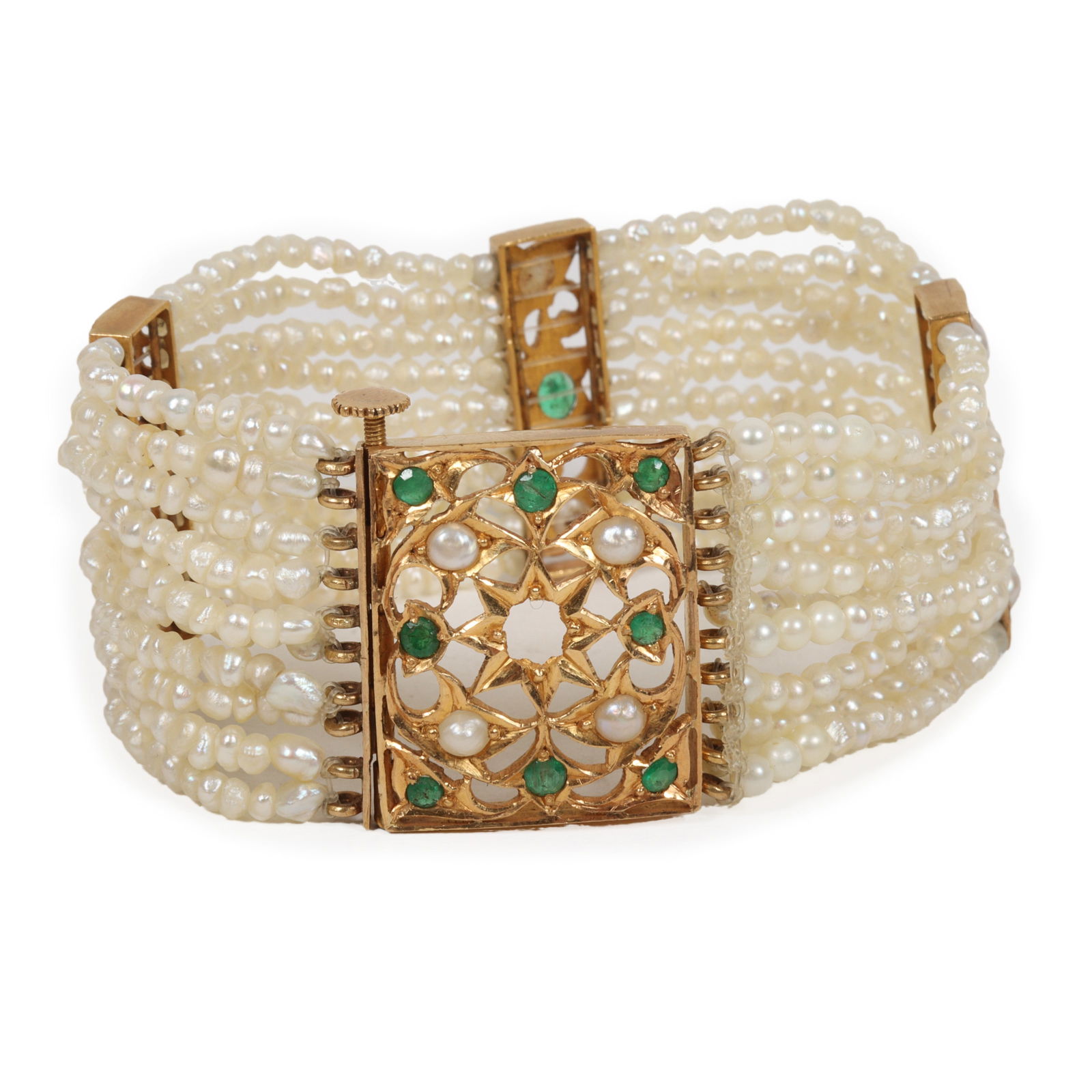 Jaipur? 21K Gold open work emerald jeweled panel and Seed Pearl Beaded Multi Strand Bracelet; (1 of 8)