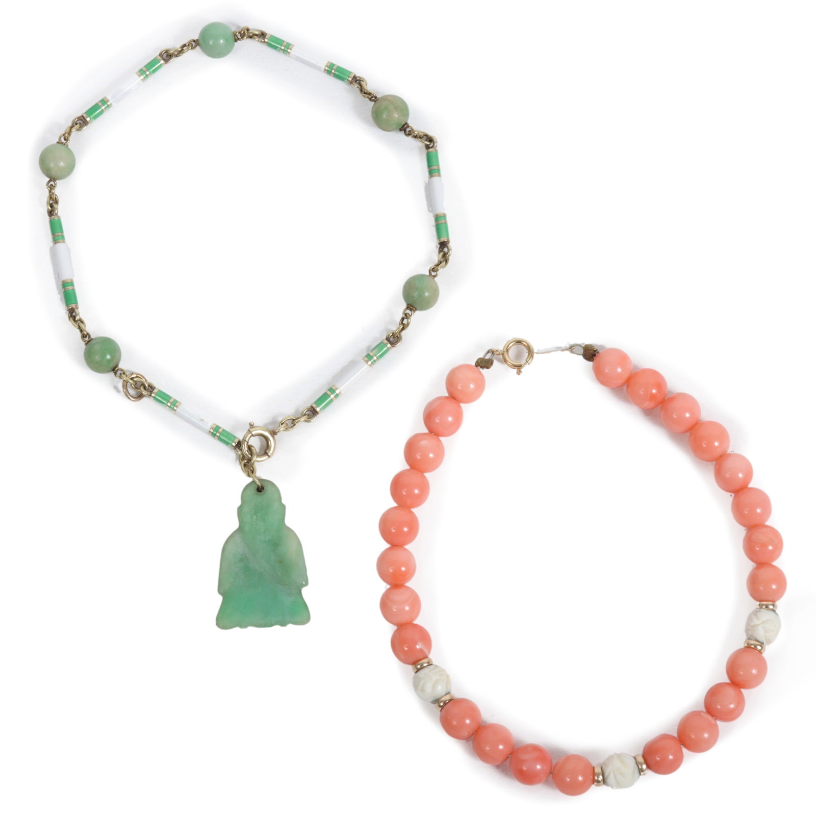 Art Deco enamel and carved Chinese jade Buddha charm bracelet with 14K gold findings, and pink coral: Art Deco enamel and carved Chinese jade Buddha charm bracelet with 14K gold findings, and pink coral and carved bone beaded bracelet with 14K gold findings.