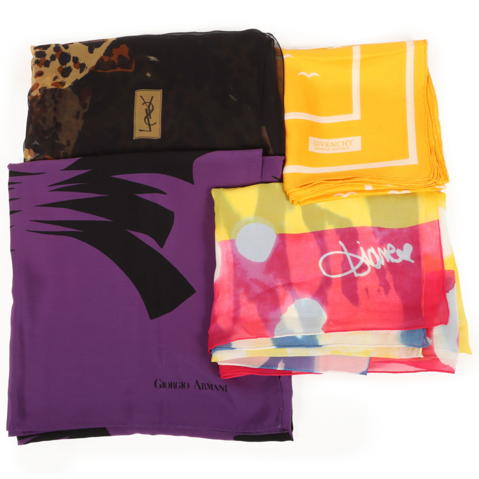 Designer 4pc group of rolled edge scarves including Givenchy, Yves Saint Laurent, Giorgio Armani, (1 of 19)