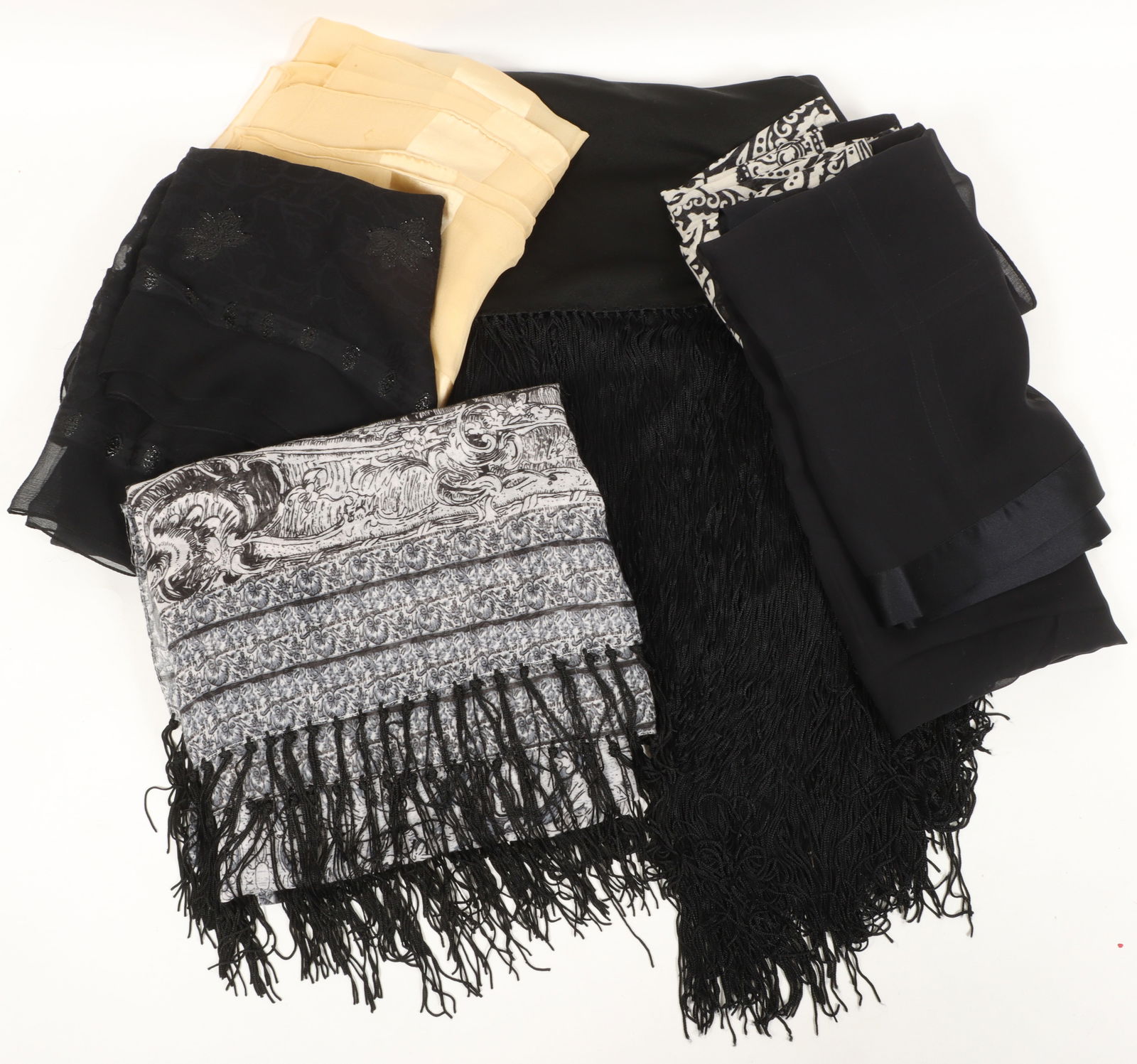 6pc. group of scarves including Yves Saint Laurent and black fringe shall. (1 of 14)