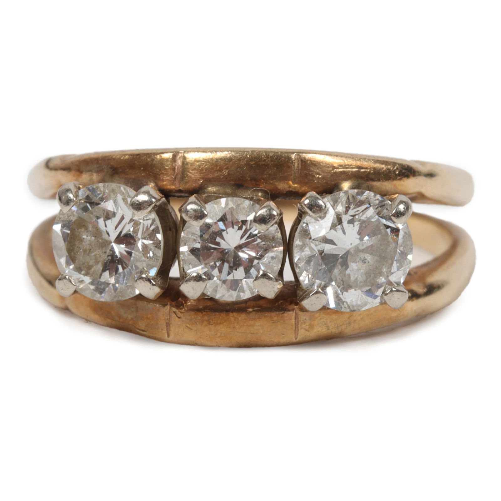 Vintage estate 14K gold double band ring with three round brilliant cut diamonds. (1 of 7)