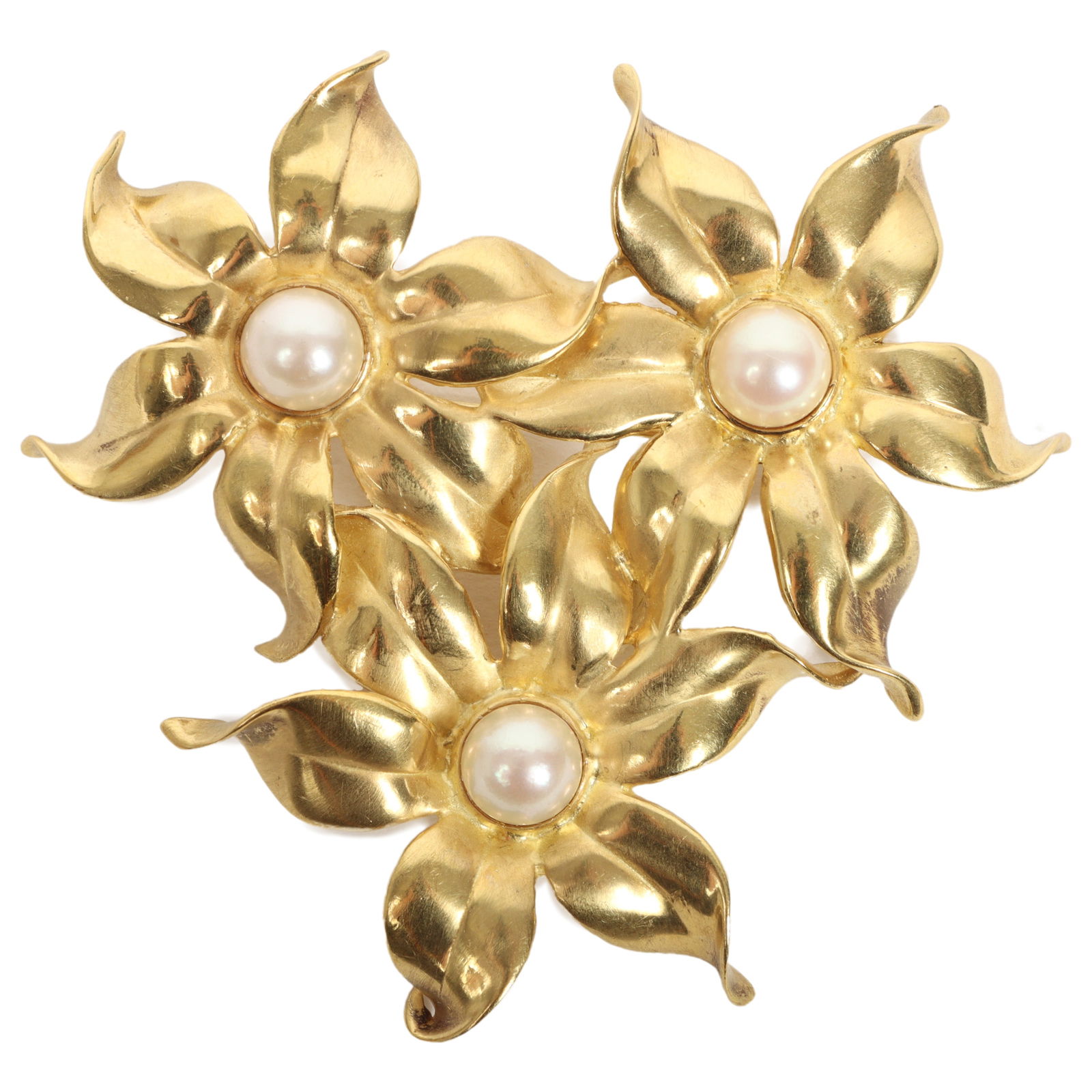 GIANT Alopa 18K yellow gold modern retro designer floral fur clip with 8.5mm pearl centers. (1 of 5)