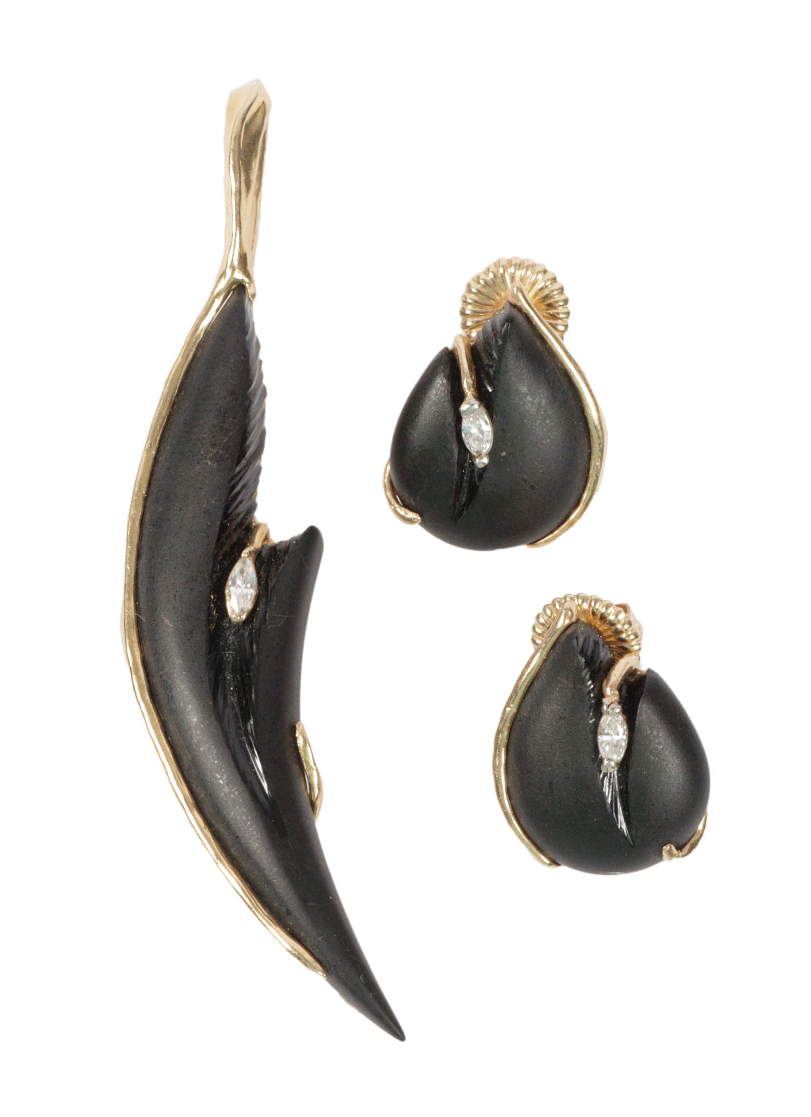Custom modernist designer estate 14K gold and carved black jet freeform pendant and matching (1 of 10)