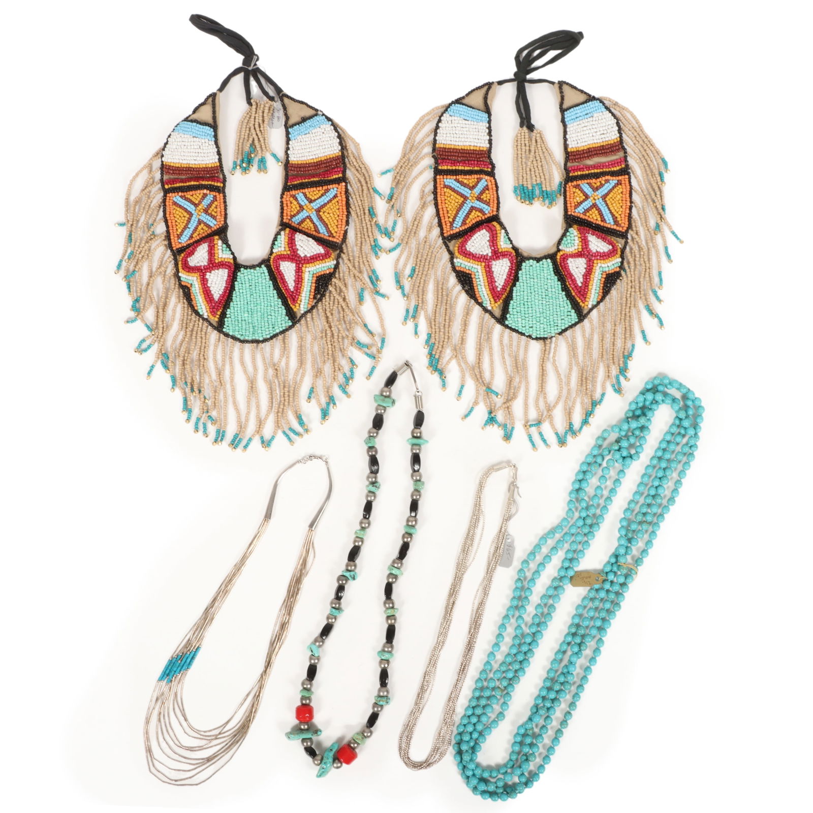 Group of Vintage Native American Style turquoise and sterling or silver necklaces with large micro (1 of 12)