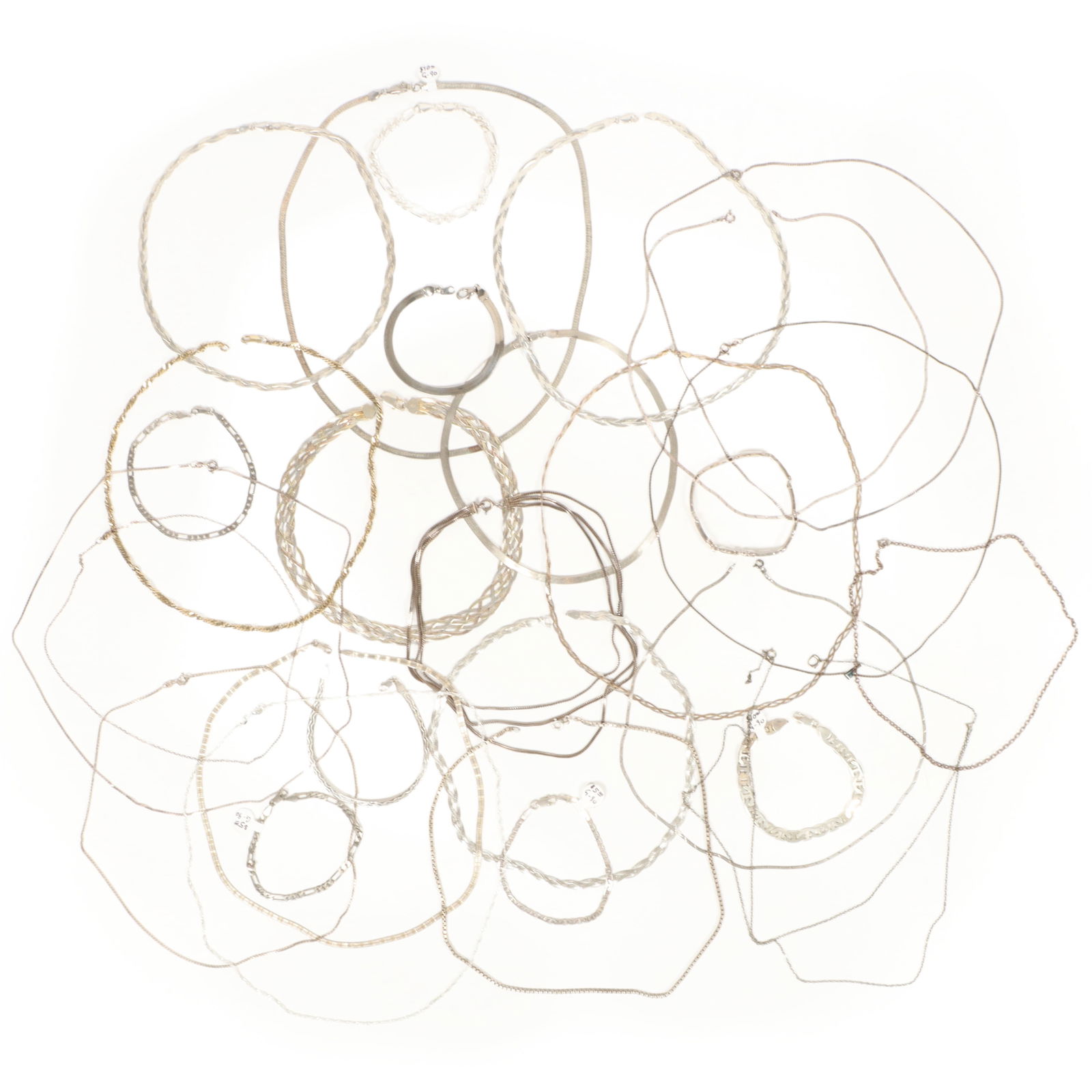 Large group of 925 sterling silver necklaces, chains, and bracelets: Large group of 925 sterling silver necklaces, chains, and bracelets 129.10 DWT 16"L x 1/2"W (large braided necklace)