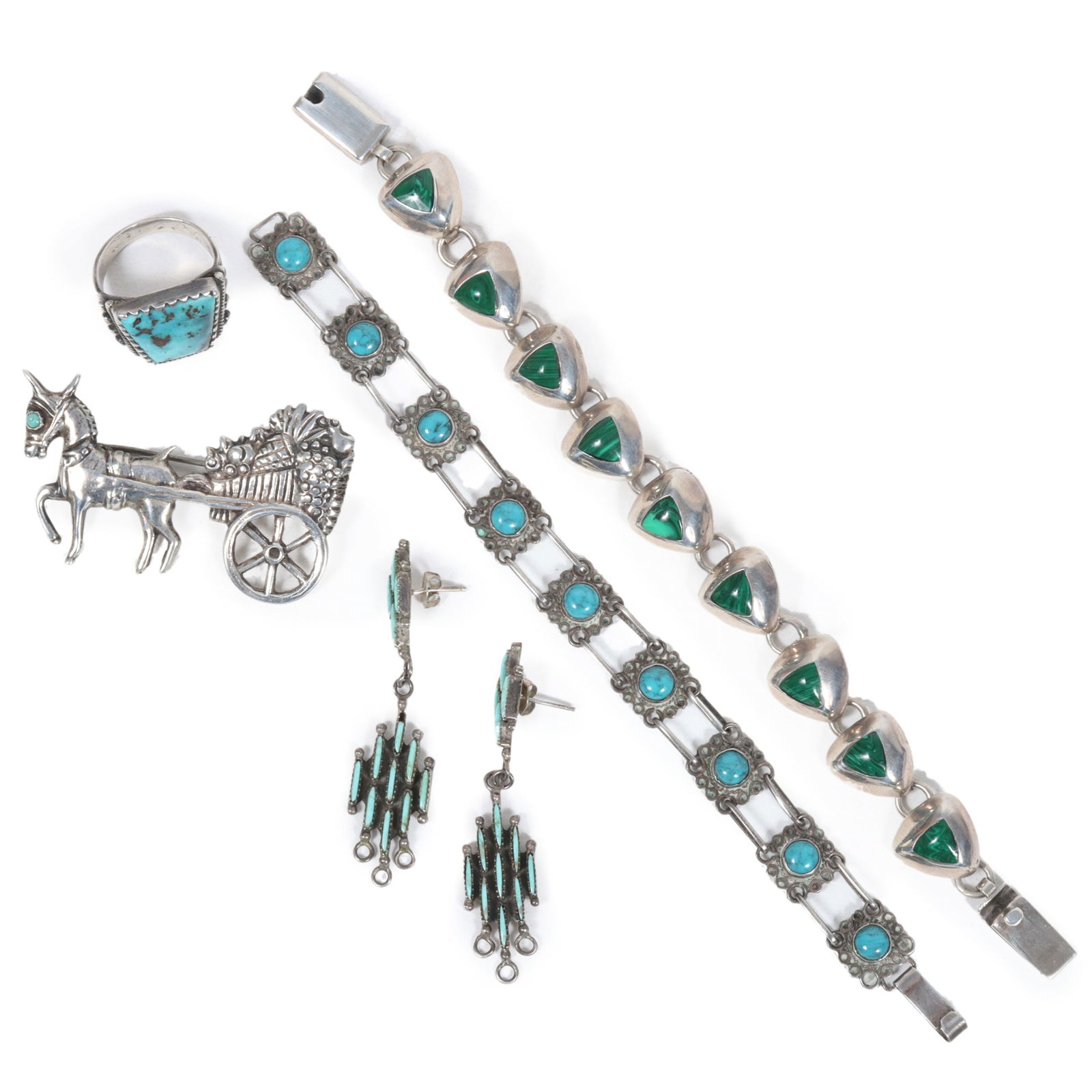 Vintage Mexican and Native American Sterling silver jewelry including malachite bracelet, turquoise (1 of 11)