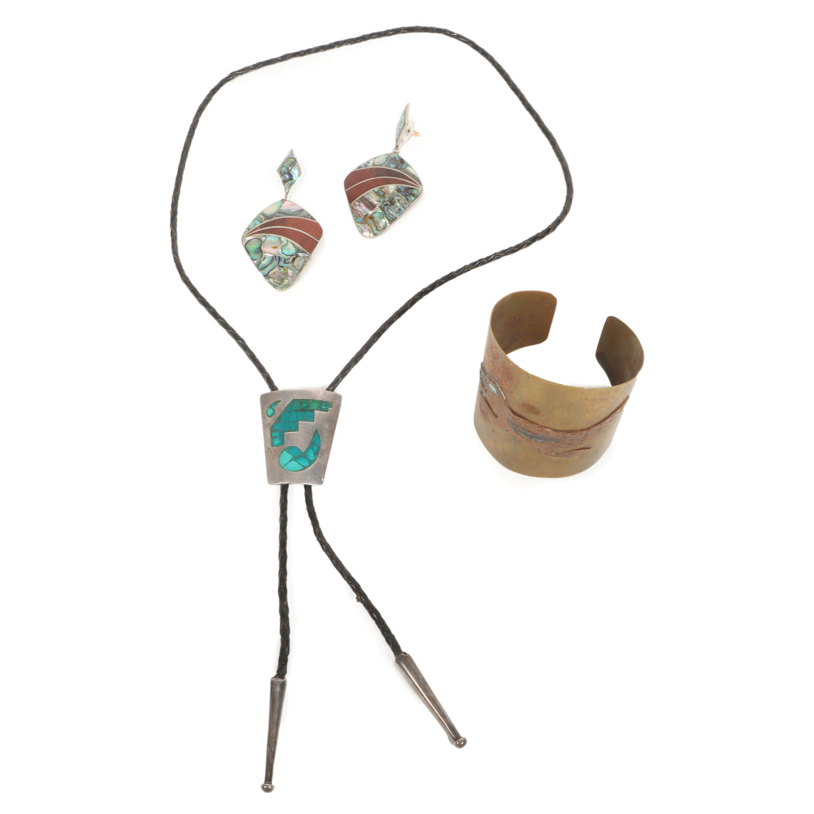 Native American sterling silver bolo tie with turquoise chip inlay, brass and copper mixed metal (1 of 15)