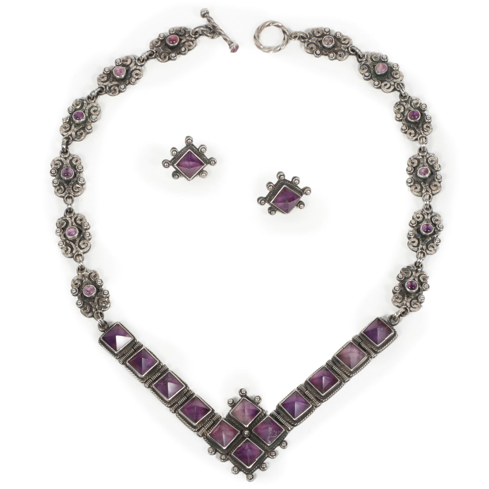 Vintage Mexican modernist 925 sterling silver hinged amethyst necklace with square cut inverted (1 of 7)