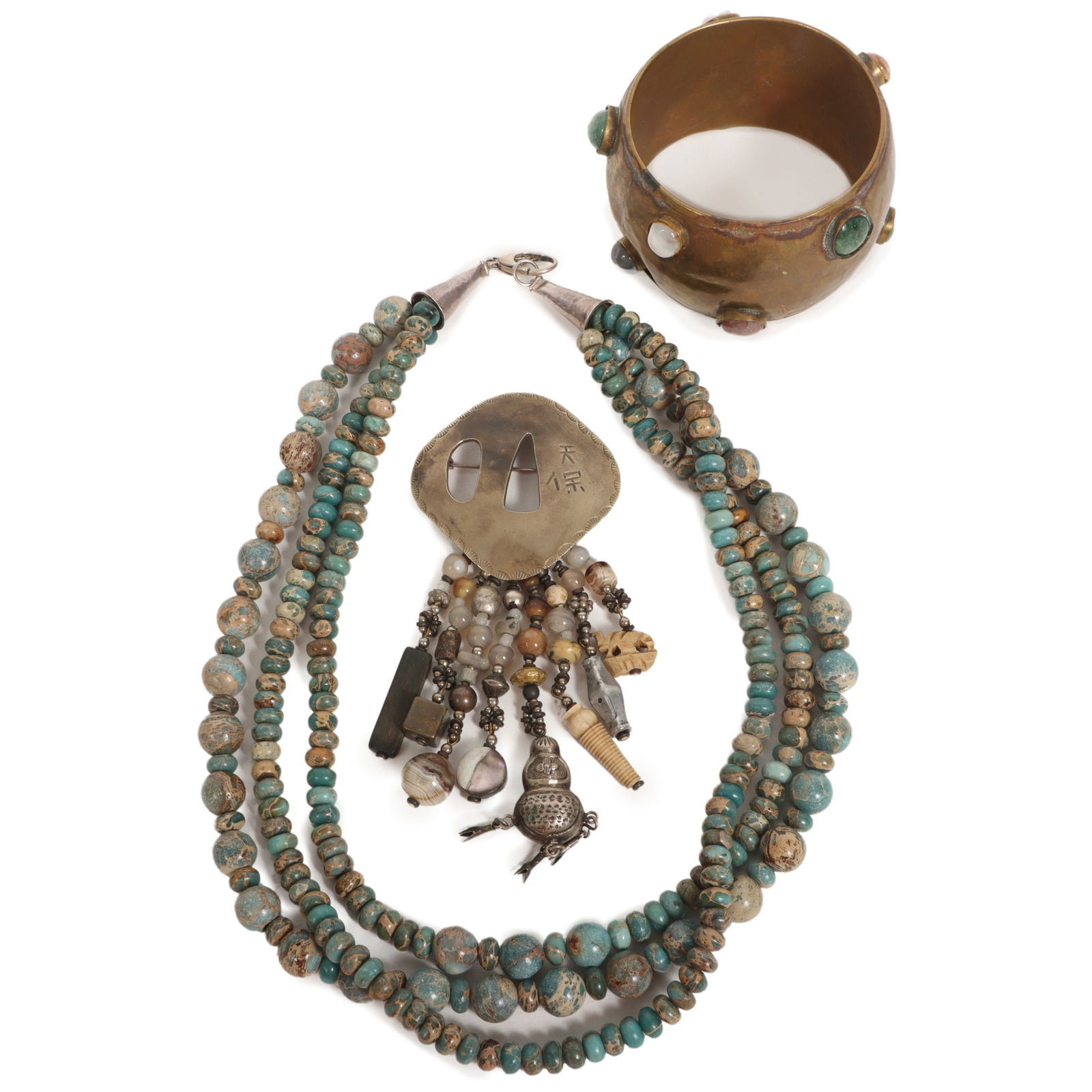 Boho designer jewelry 3pc.; David Navarro Asian inspired Dangle Pin with glass and stone Beaded (1 of 13)